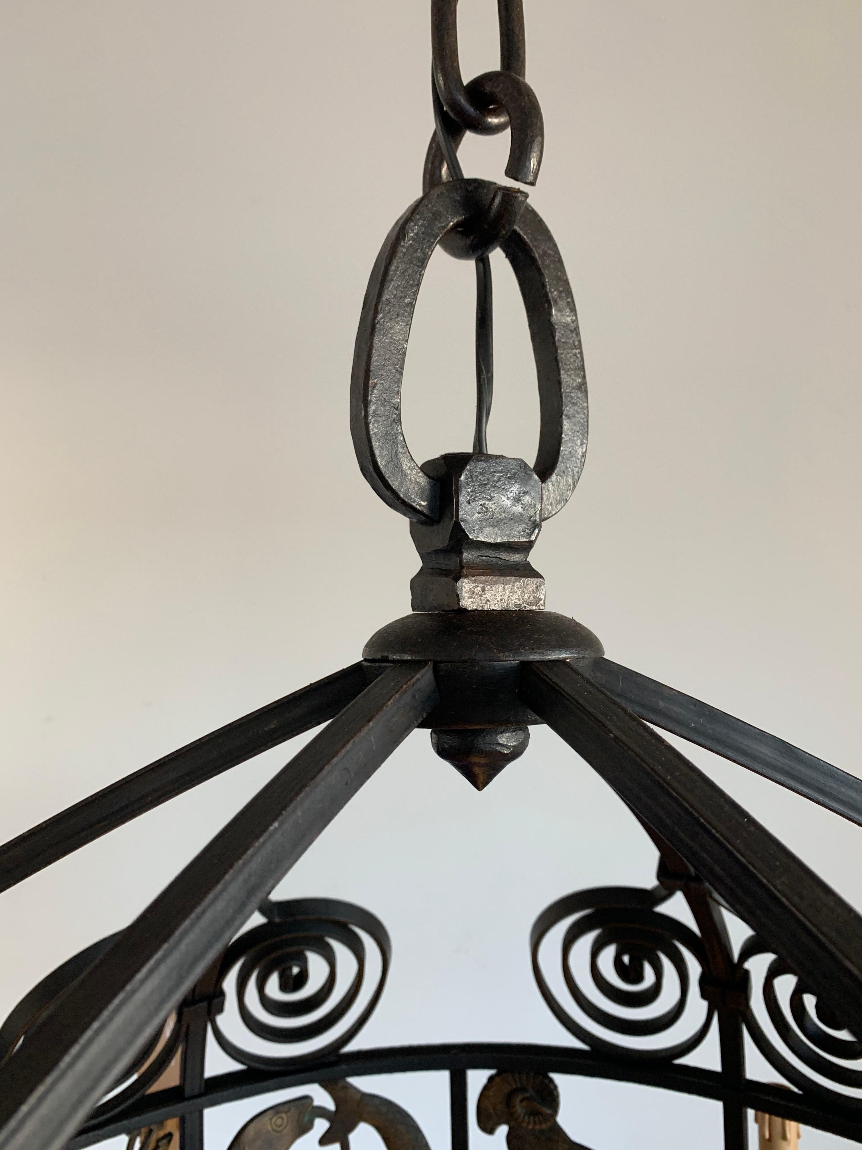 Unique and Large Arts & Crafts Wrought Iron Chandelier with Bronze Zodiac Signs 8