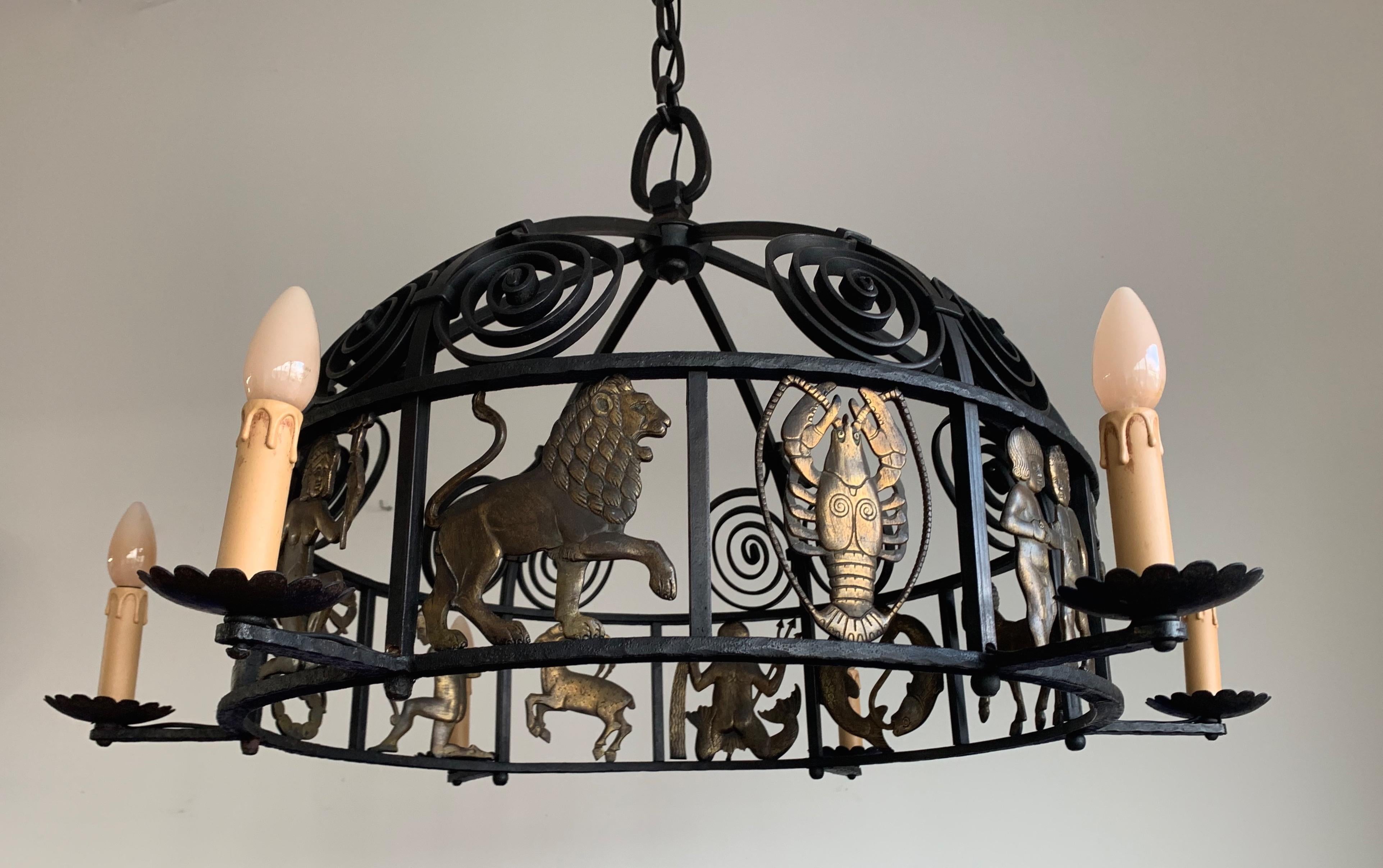 Unique and Large Arts & Crafts Wrought Iron Chandelier with Bronze Zodiac Signs 10