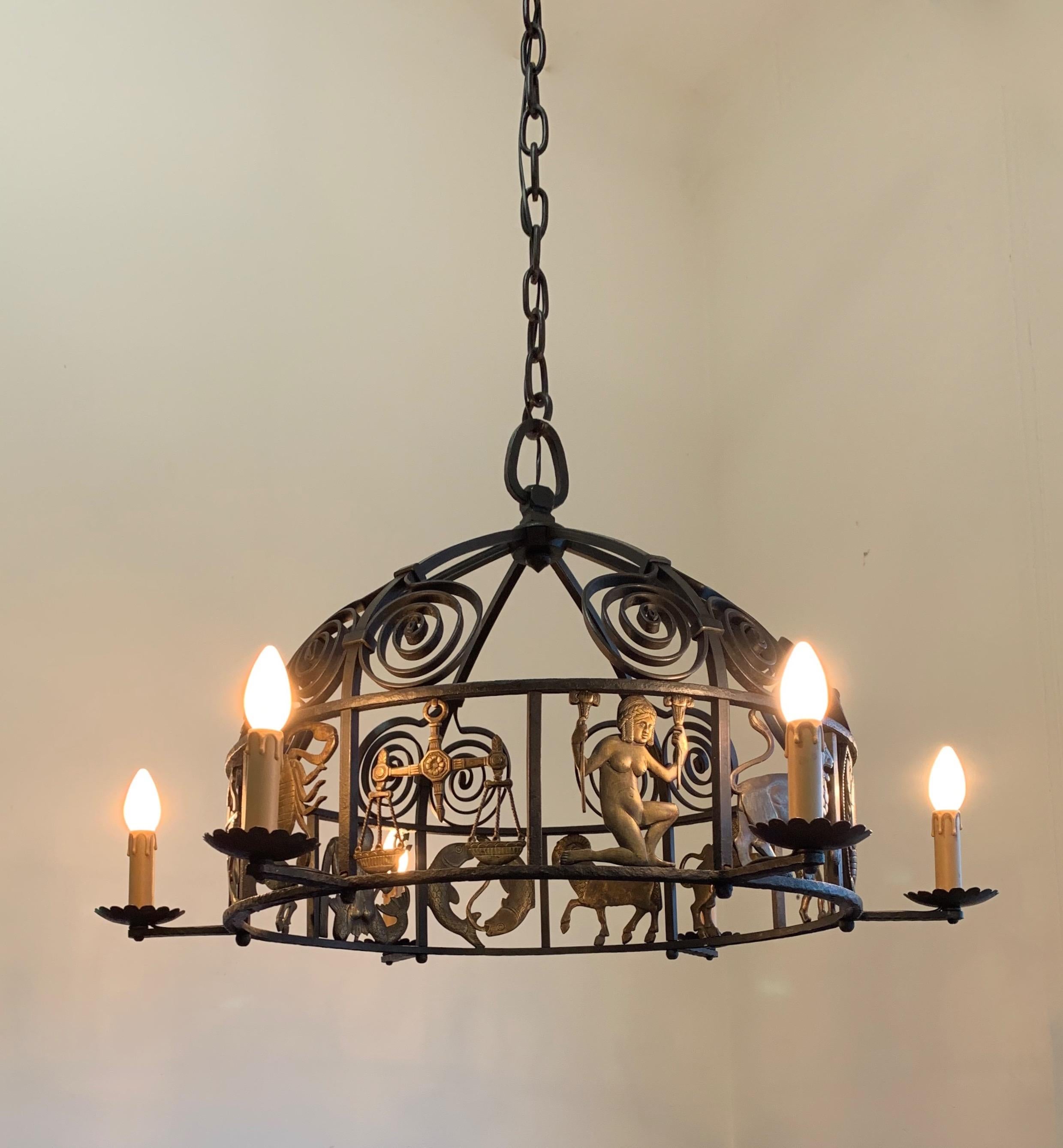 Unique and Large Arts & Crafts Wrought Iron Chandelier with Bronze Zodiac Signs In Good Condition In Lisse, NL