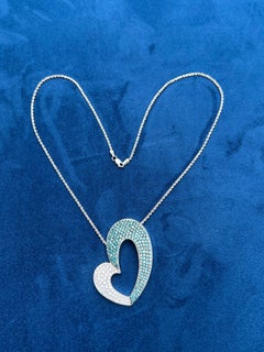 Unique Large Asymmetrical Fancy Blue and White Diamond 18K Gold Heart Necklace