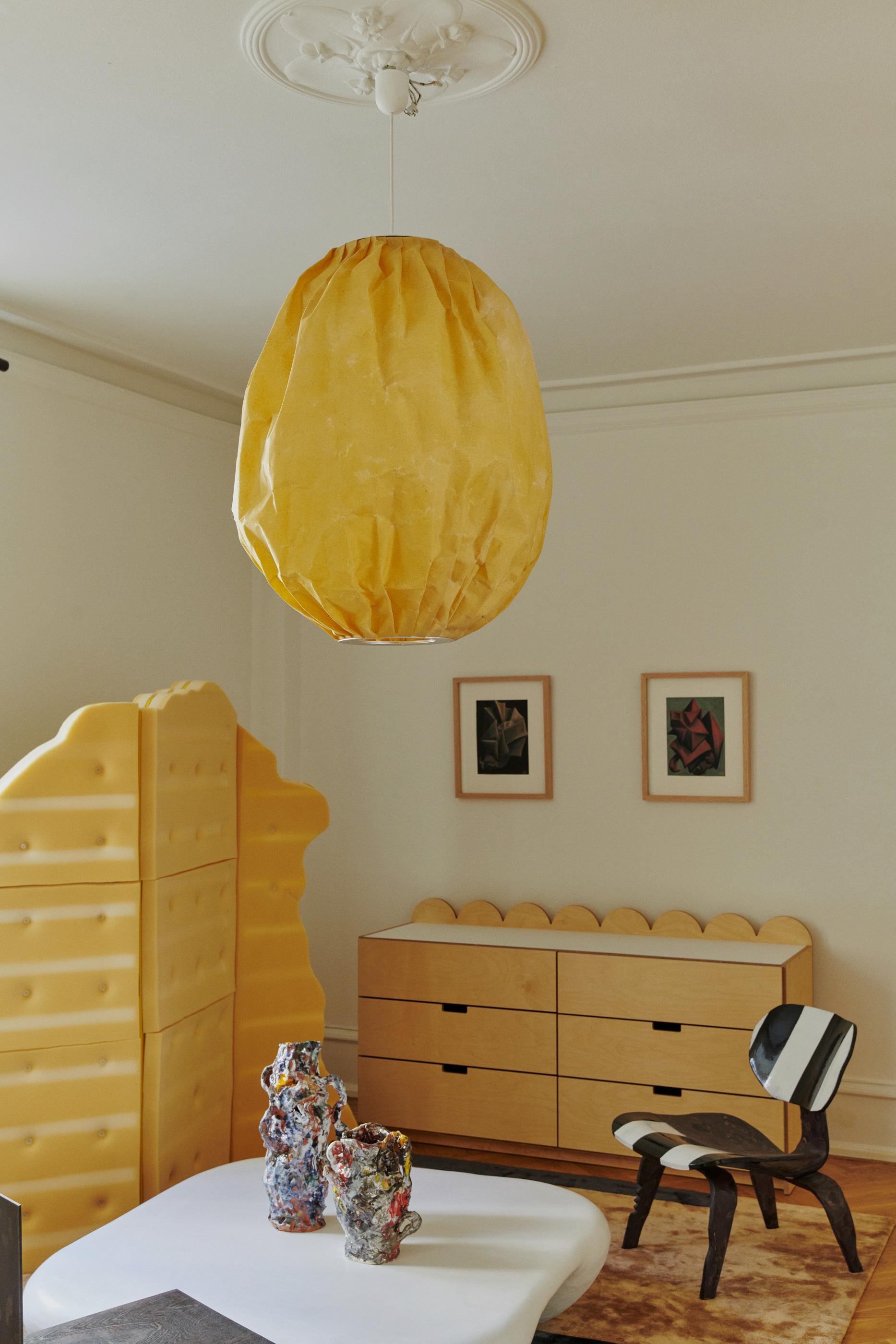 Organic Modern Oval Yellow Pendant Lamp Ceiling Lamp Chandelier Organic Beeswaxed  For Sale