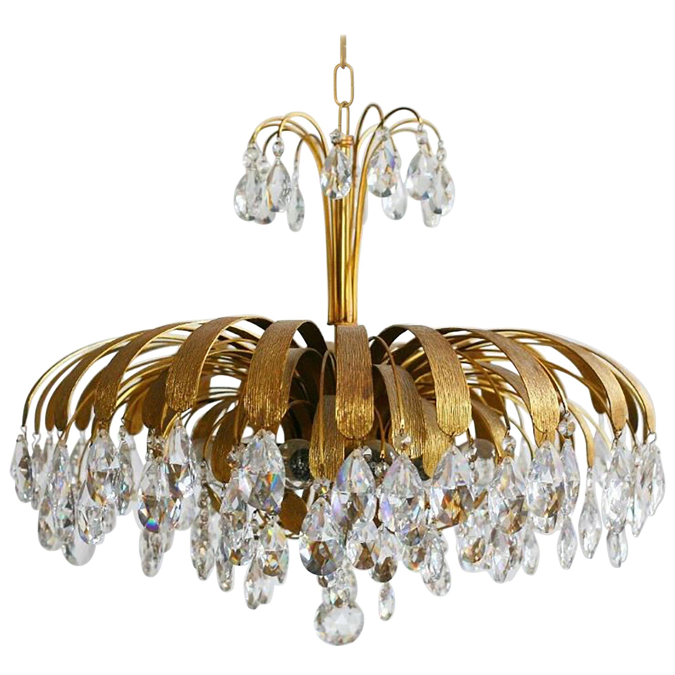 Unique Large Brass and Crystal Chandelier, Palwa, Germany, 1960s