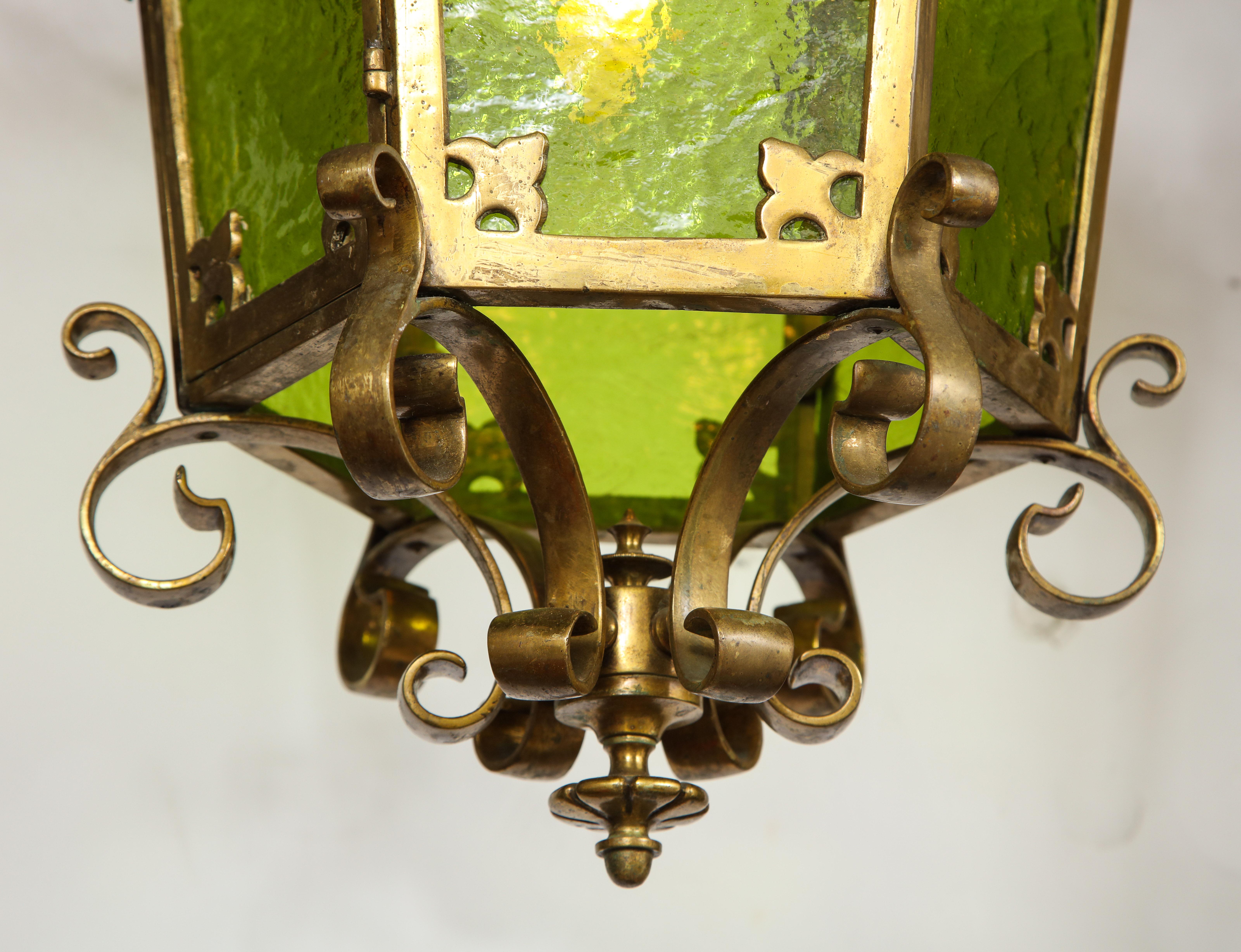 Unique Large Bronze Lantern with Green Glass For Sale 7
