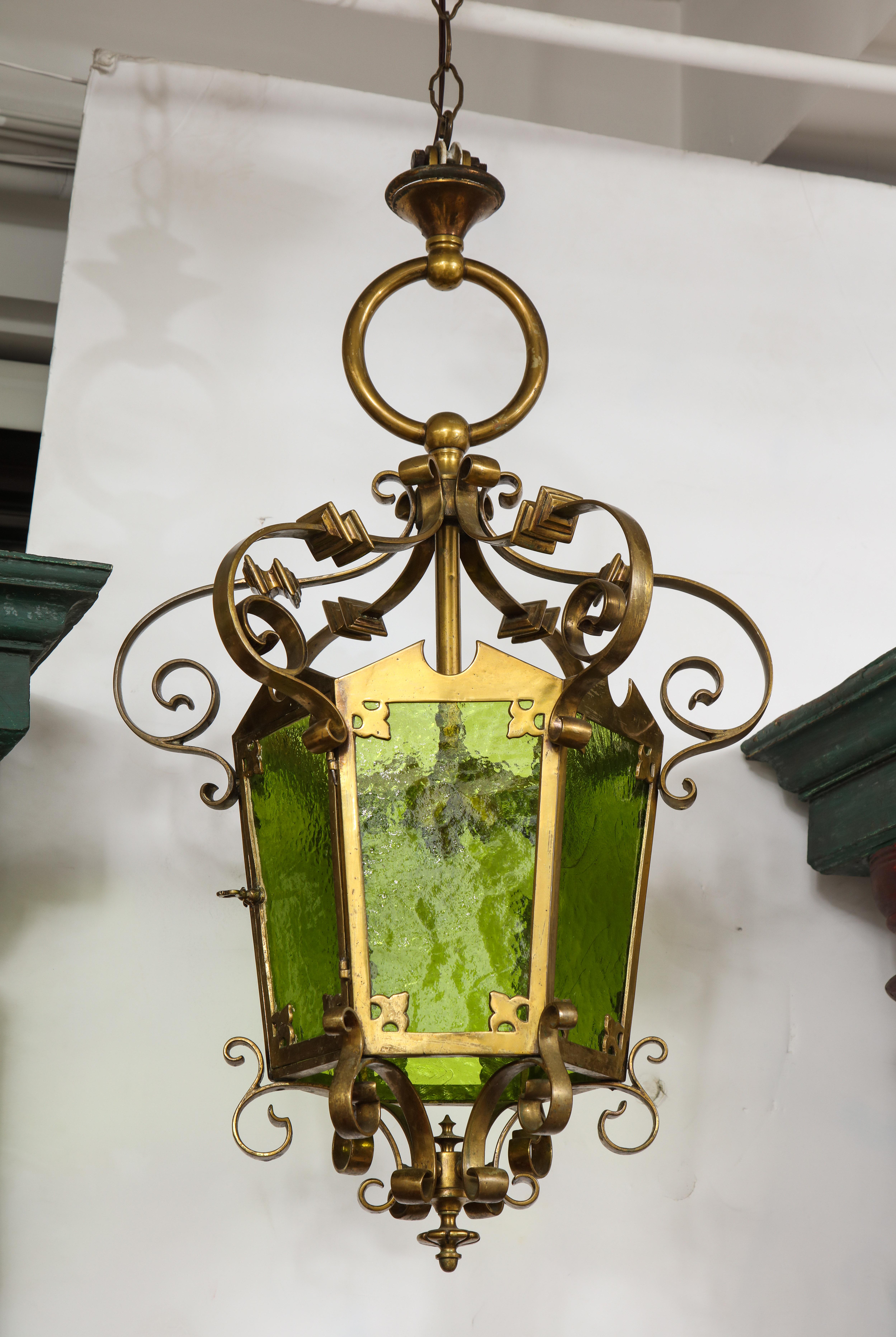 Unique Large Bronze Lantern with Green Glass For Sale 8