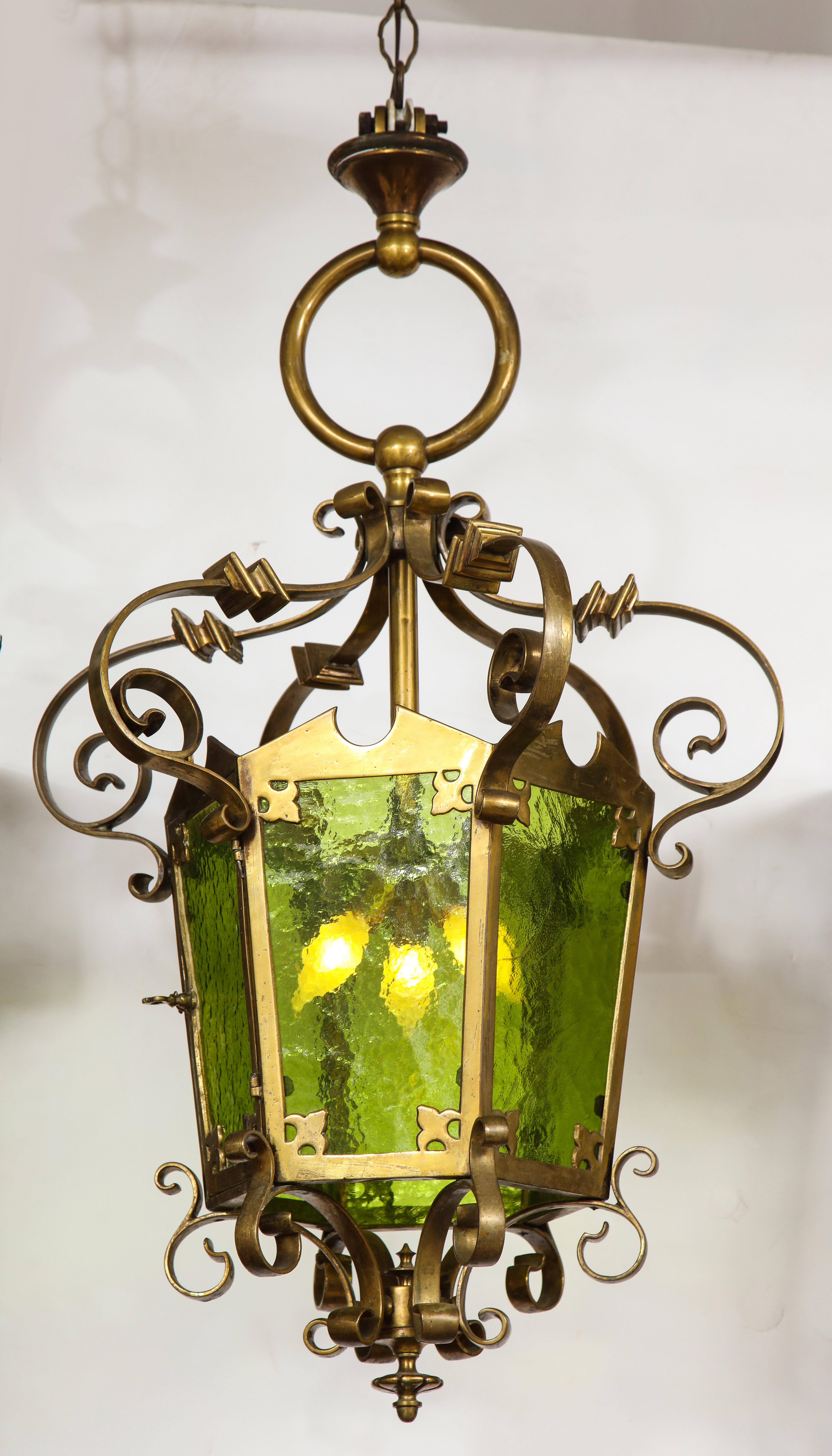 Unique Large Bronze Lantern with Green Glass For Sale 9