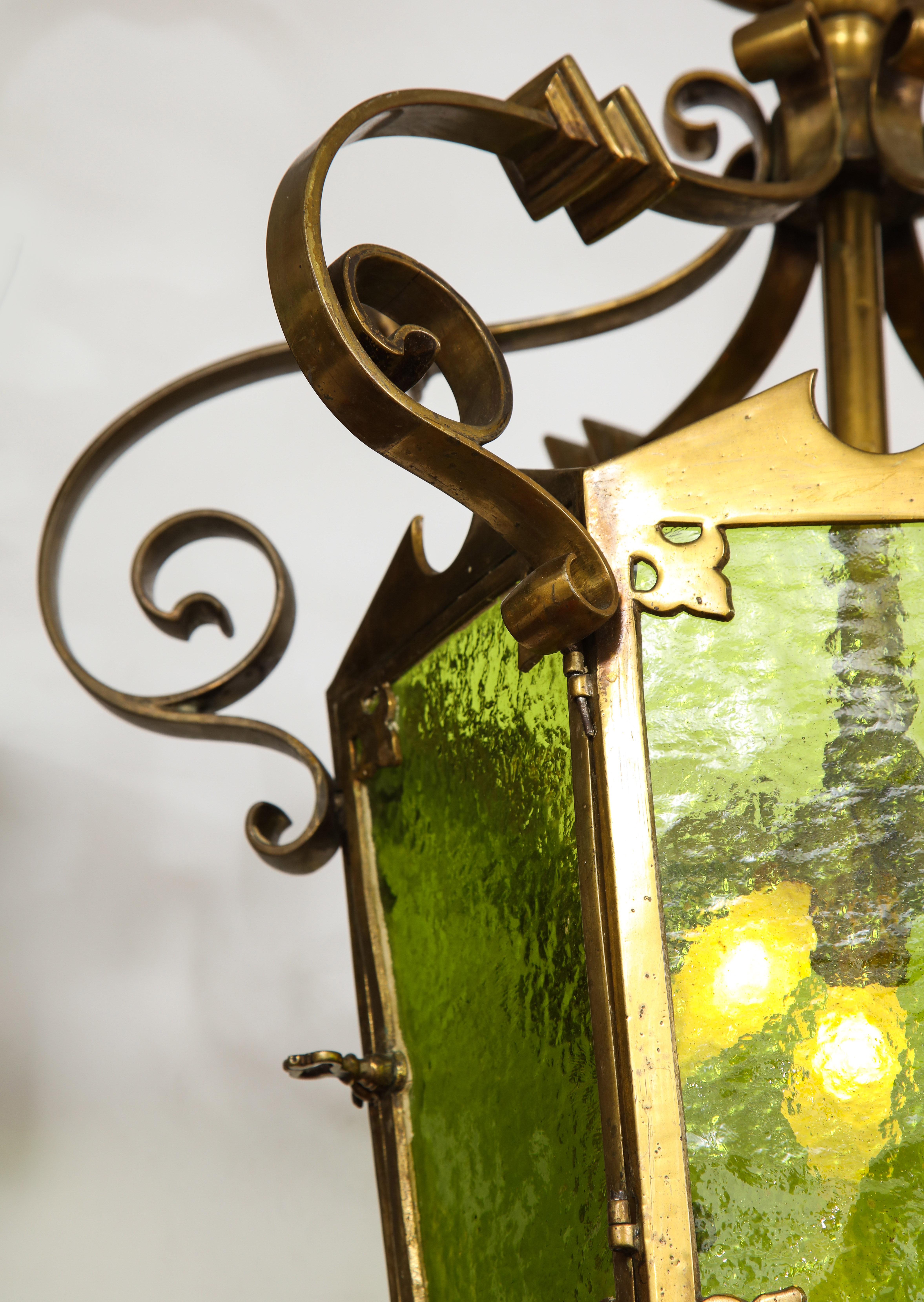 Unique Large Bronze Lantern with Green Glass For Sale 11