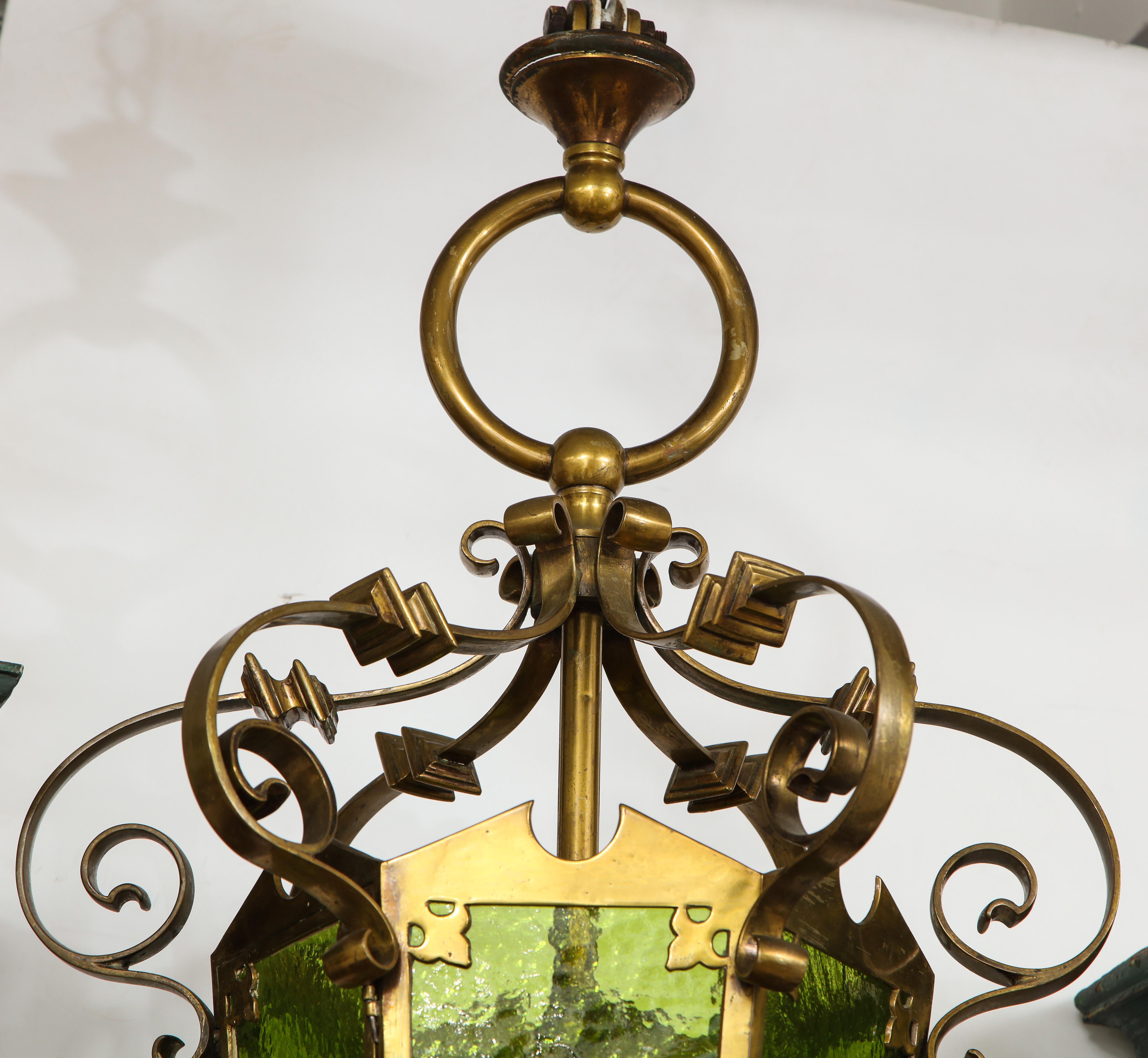 Unique Large Bronze Lantern with Green Glass For Sale 12