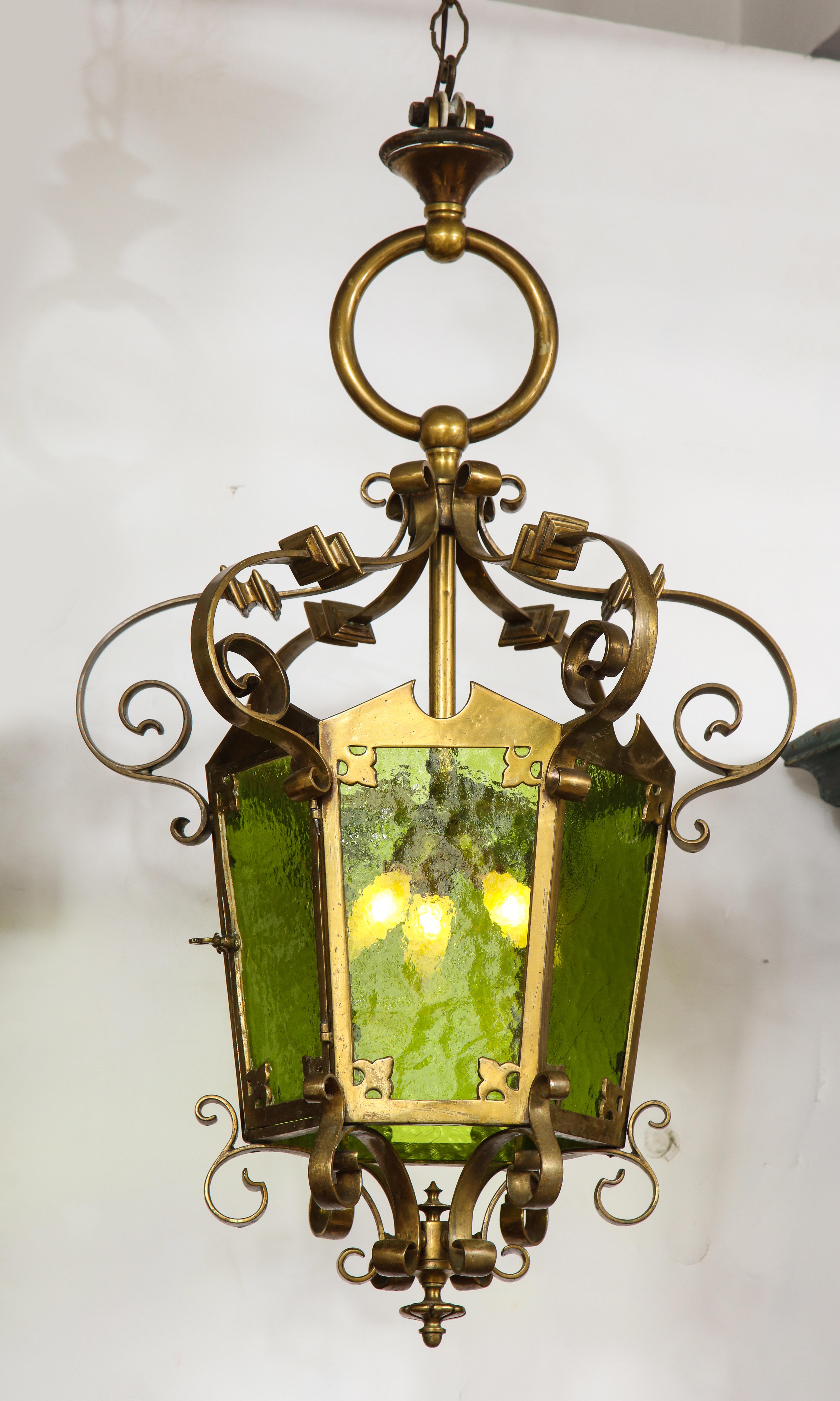 French Unique Large Bronze Lantern with Green Glass For Sale