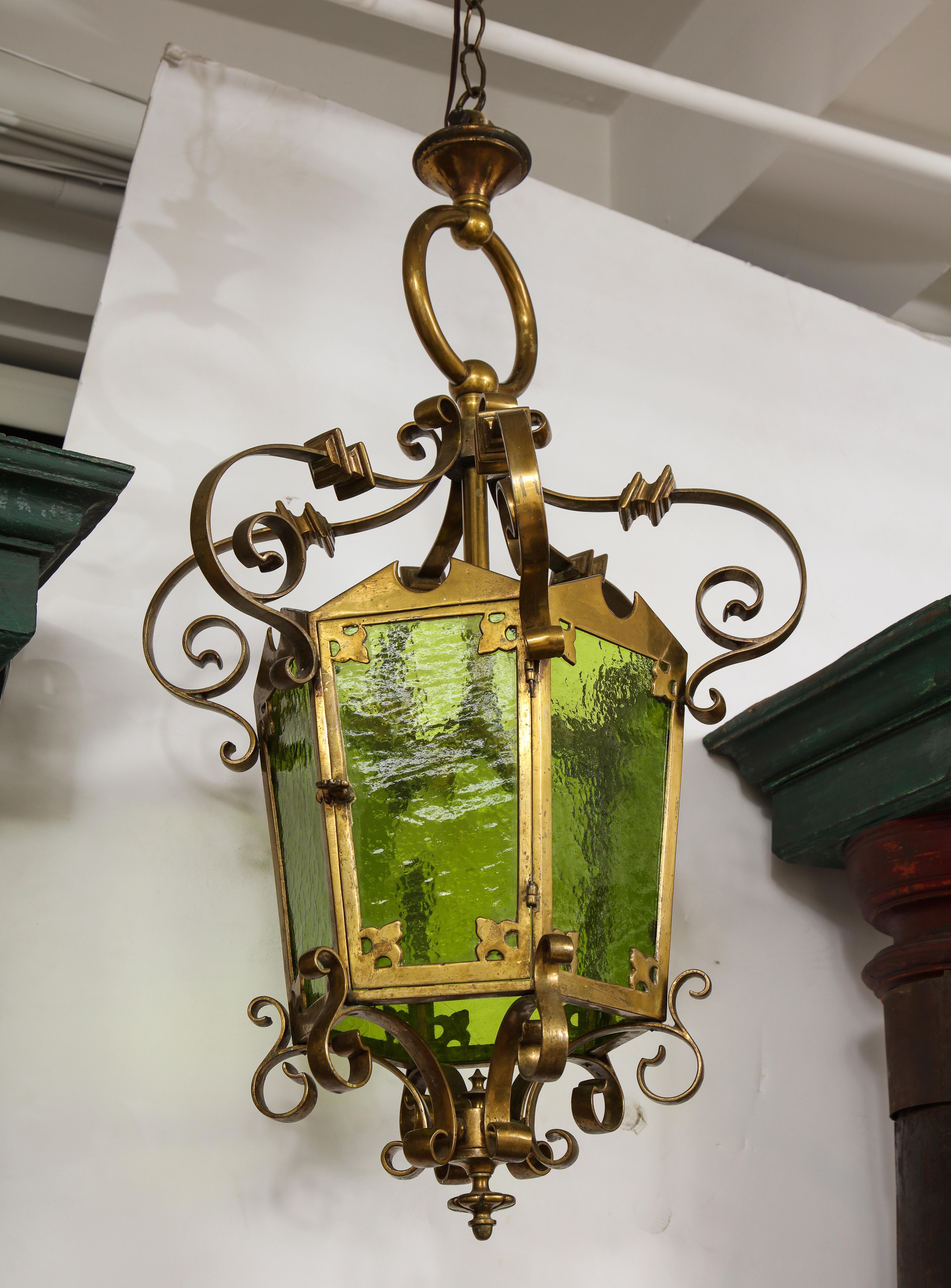 Unique Large Bronze Lantern with Green Glass In Good Condition For Sale In Mt. Kisco, NY