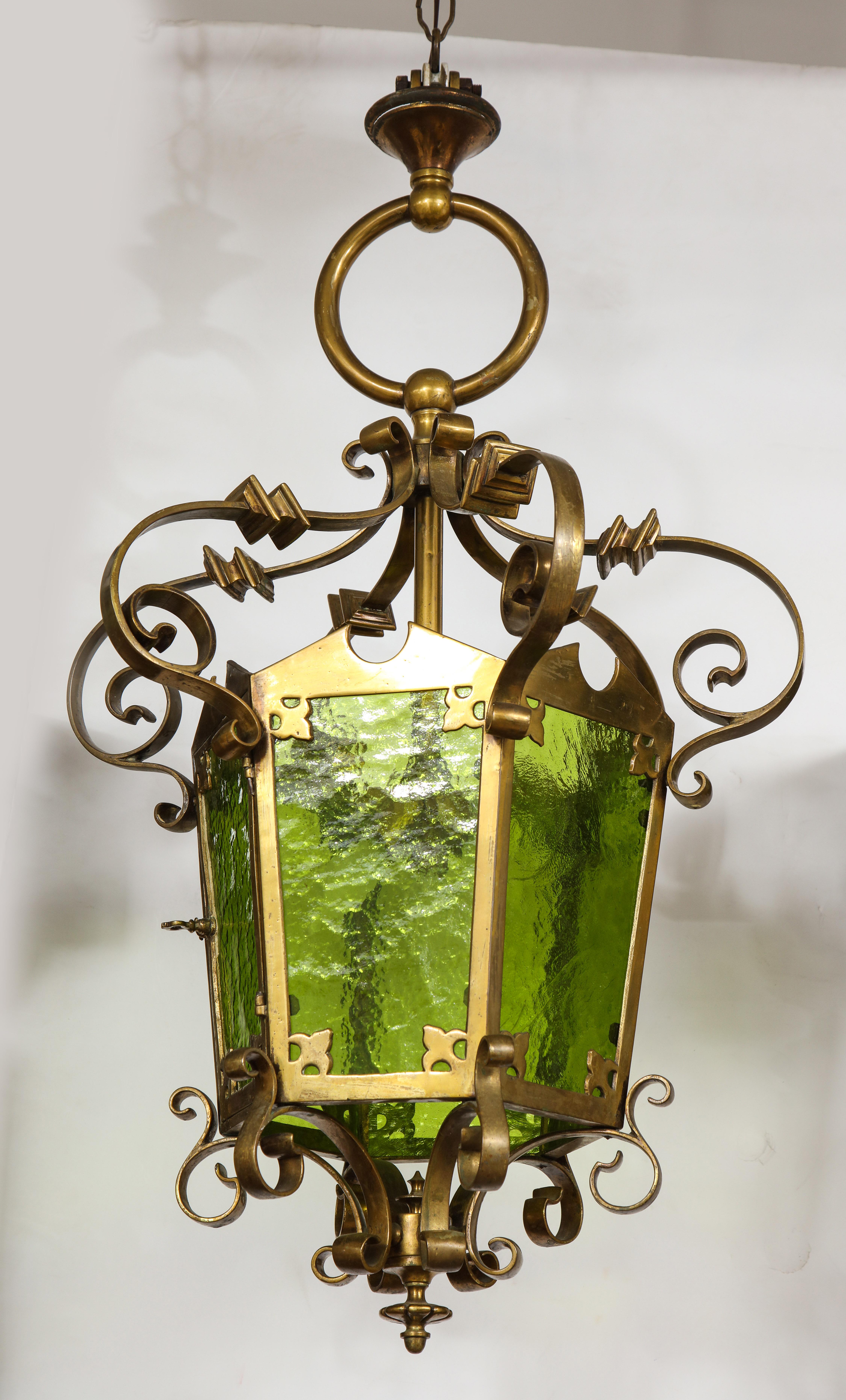 Mid-20th Century Unique Large Bronze Lantern with Green Glass For Sale