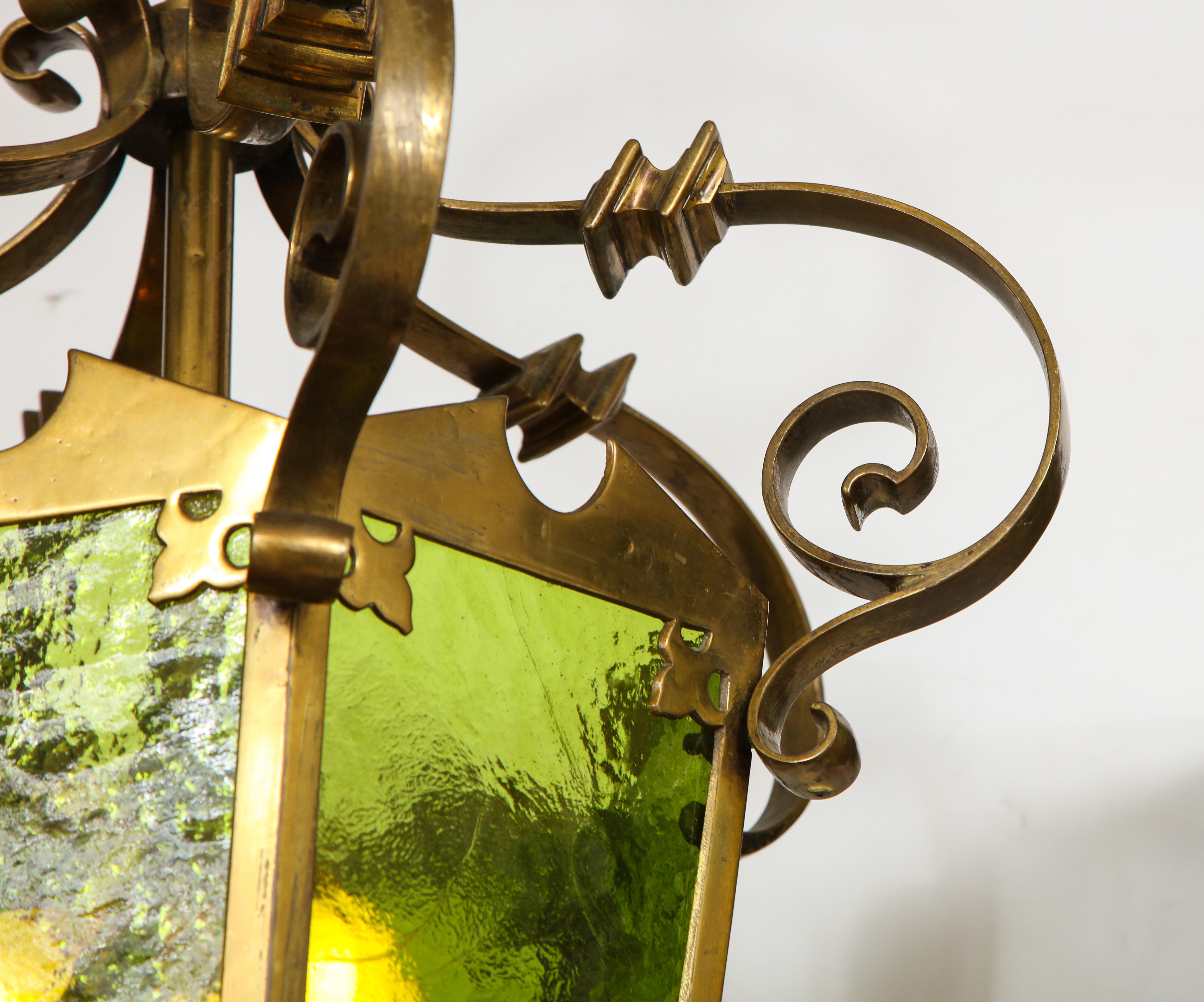Unique Large Bronze Lantern with Green Glass For Sale 1