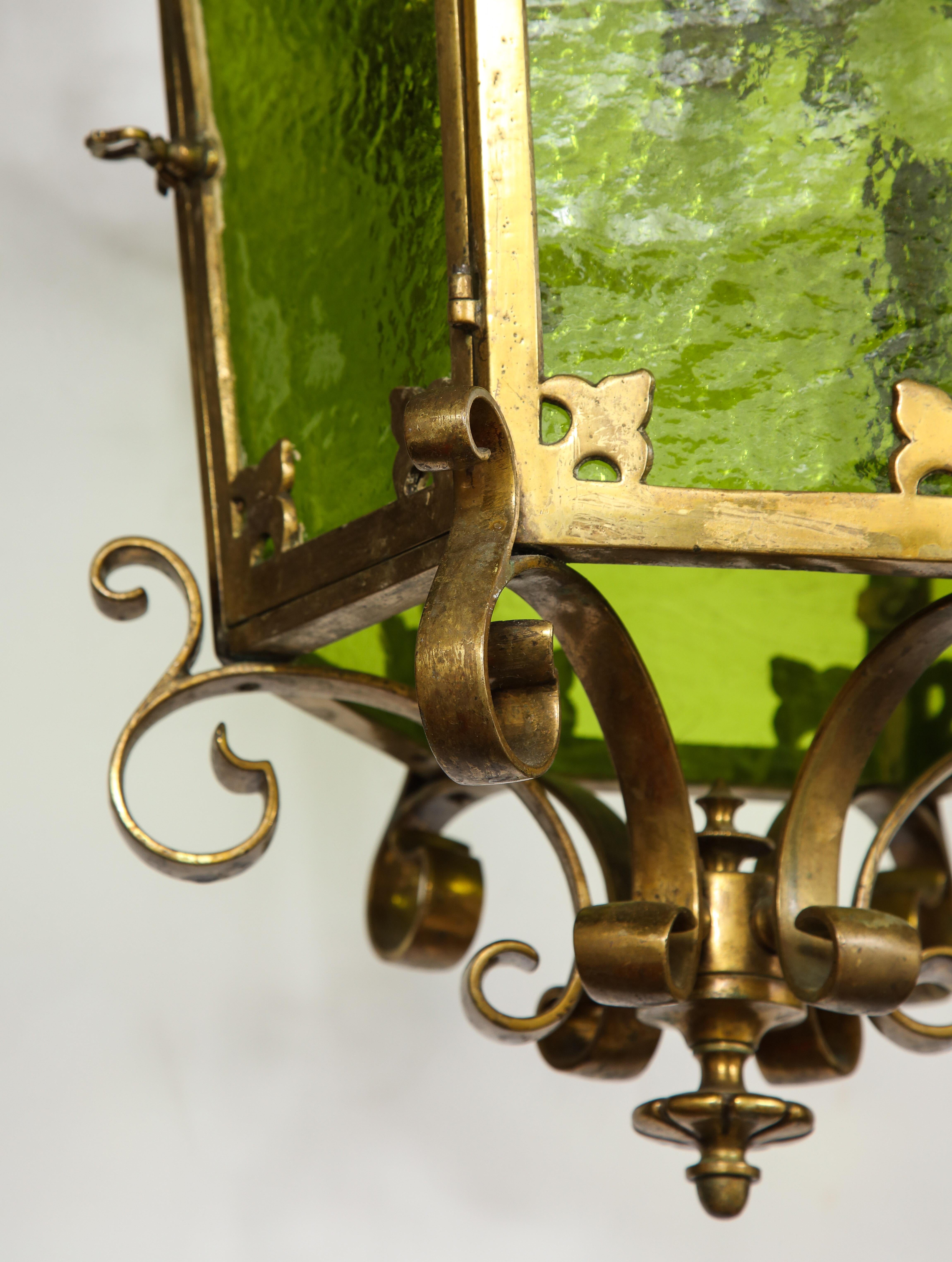 Unique Large Bronze Lantern with Green Glass For Sale 2
