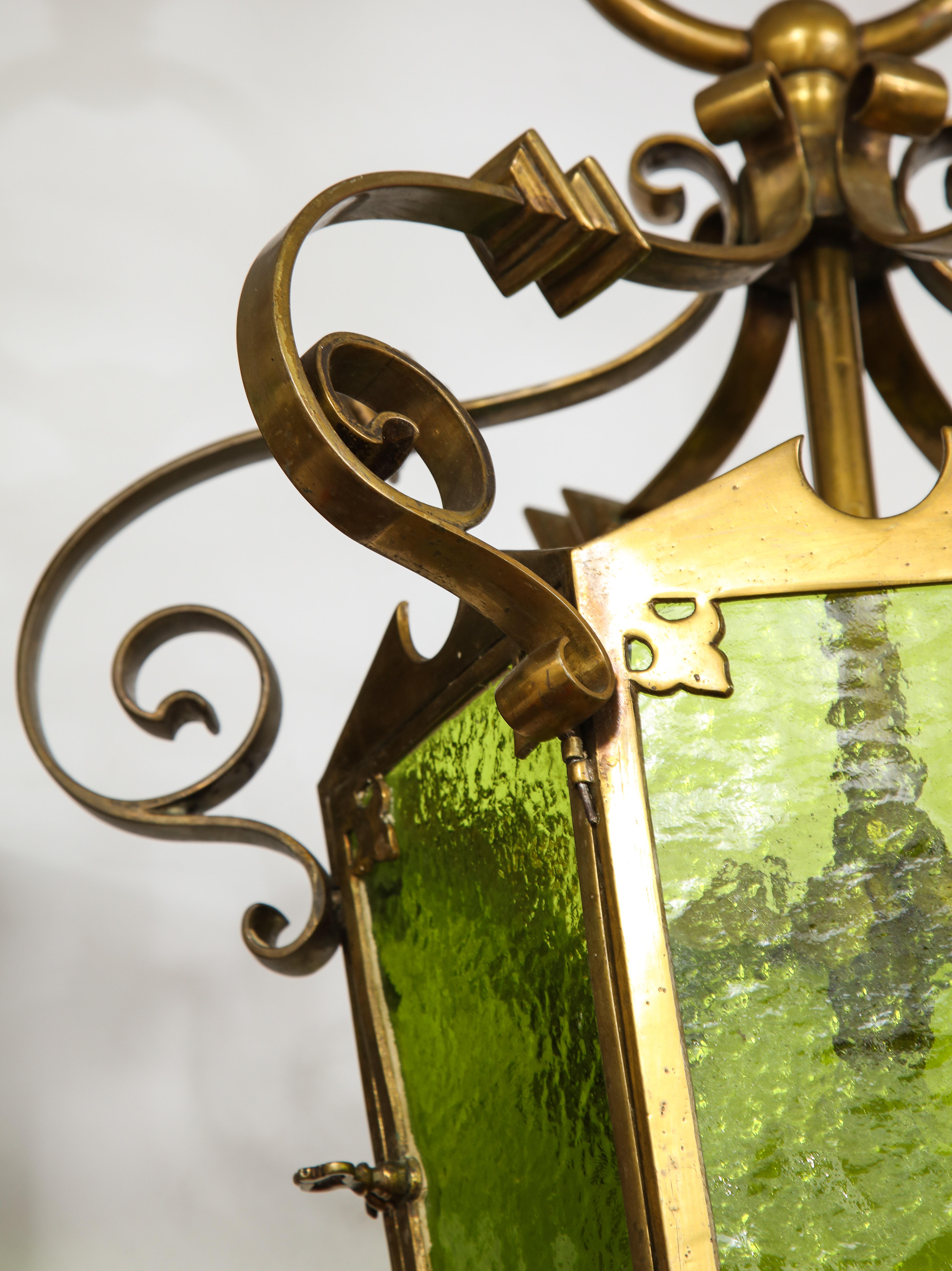Unique Large Bronze Lantern with Green Glass For Sale 3