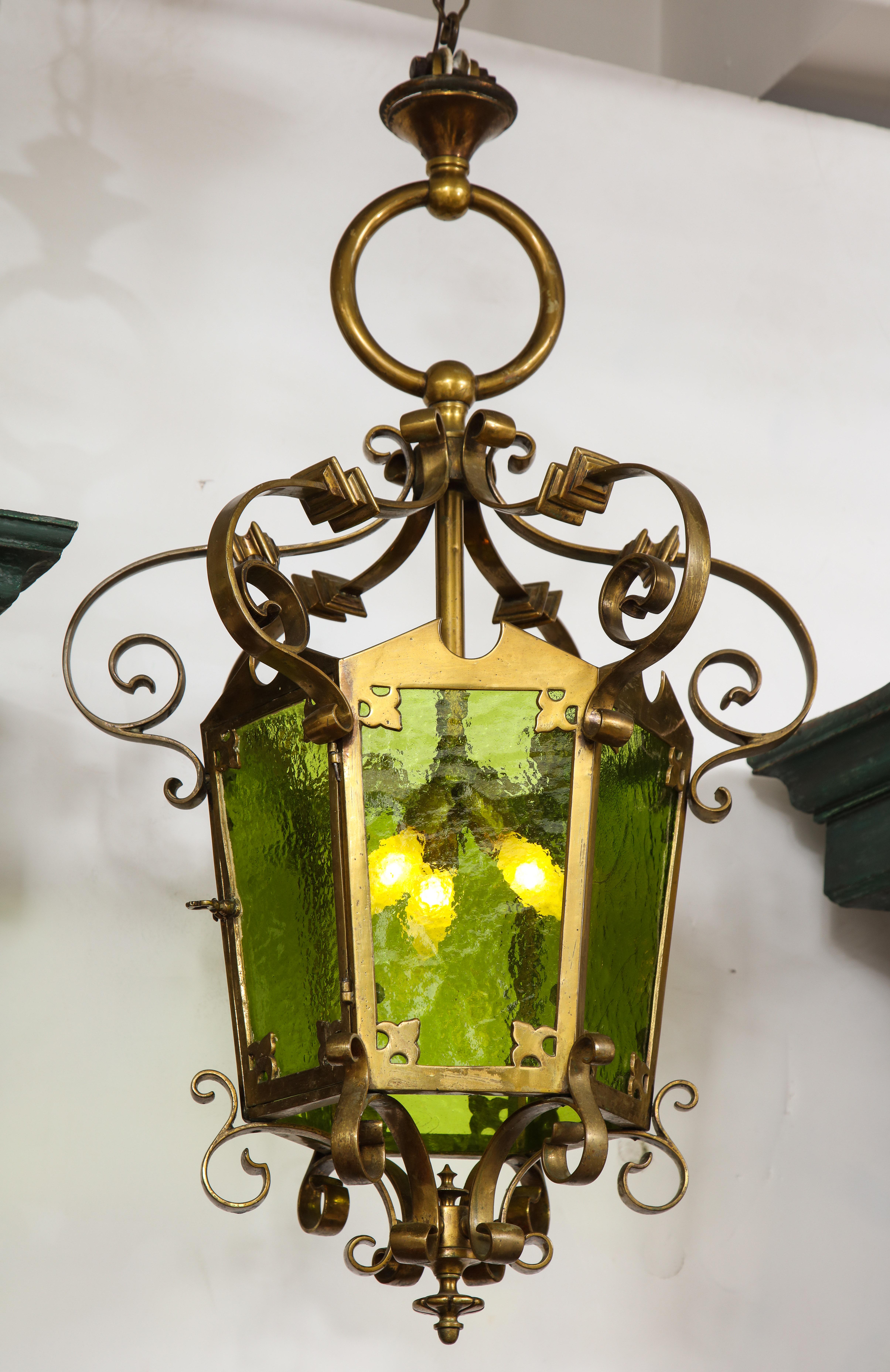 Unique Large Bronze Lantern with Green Glass For Sale 4