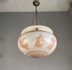 Unique Large Cameo Enameled Opaline Glass Pendant Light w Dancing Nymphs Figures