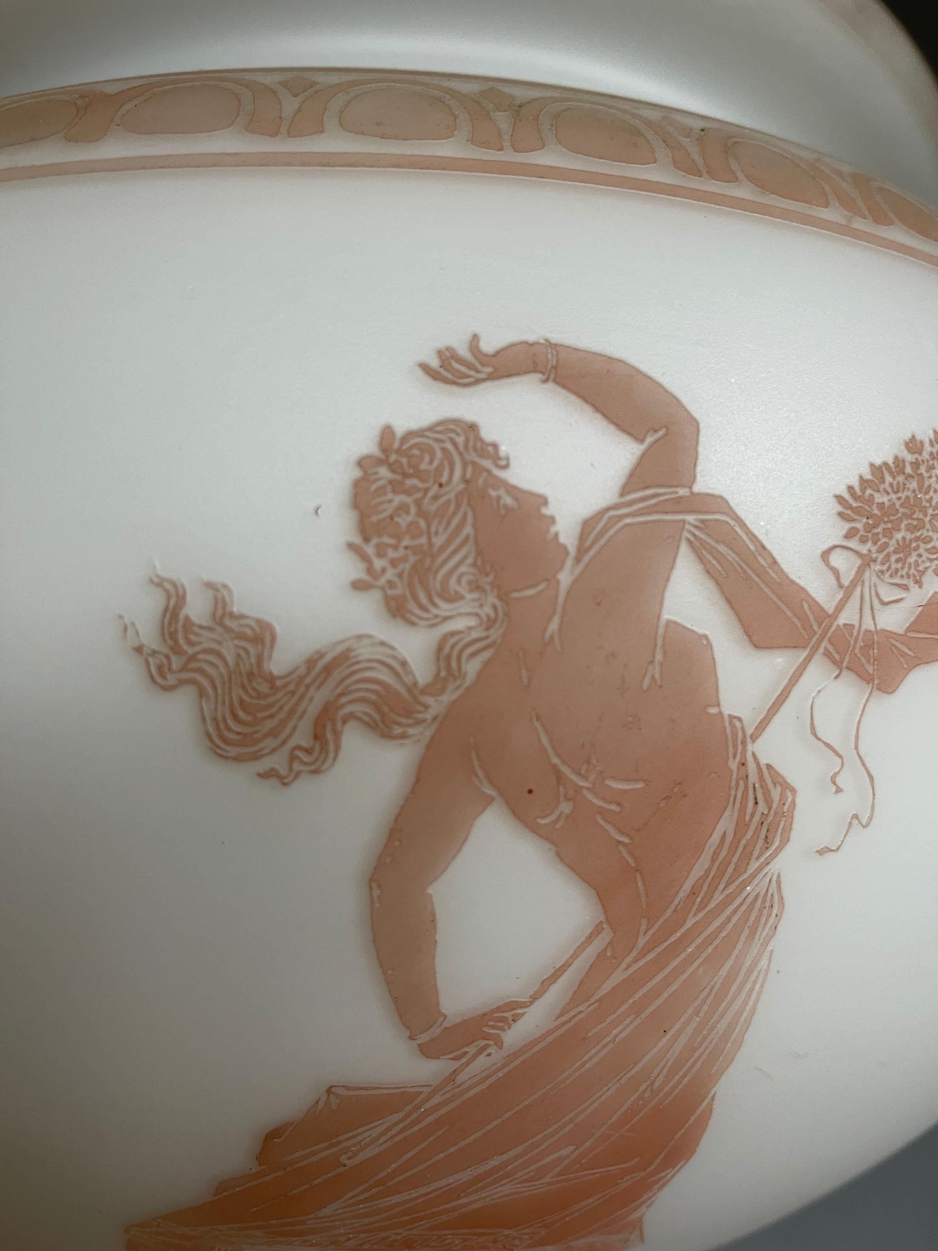 Unique Large Cameo Enameled Opaline Glass Pendant Light w Dancing Nymphs Figures In Excellent Condition For Sale In Lisse, NL