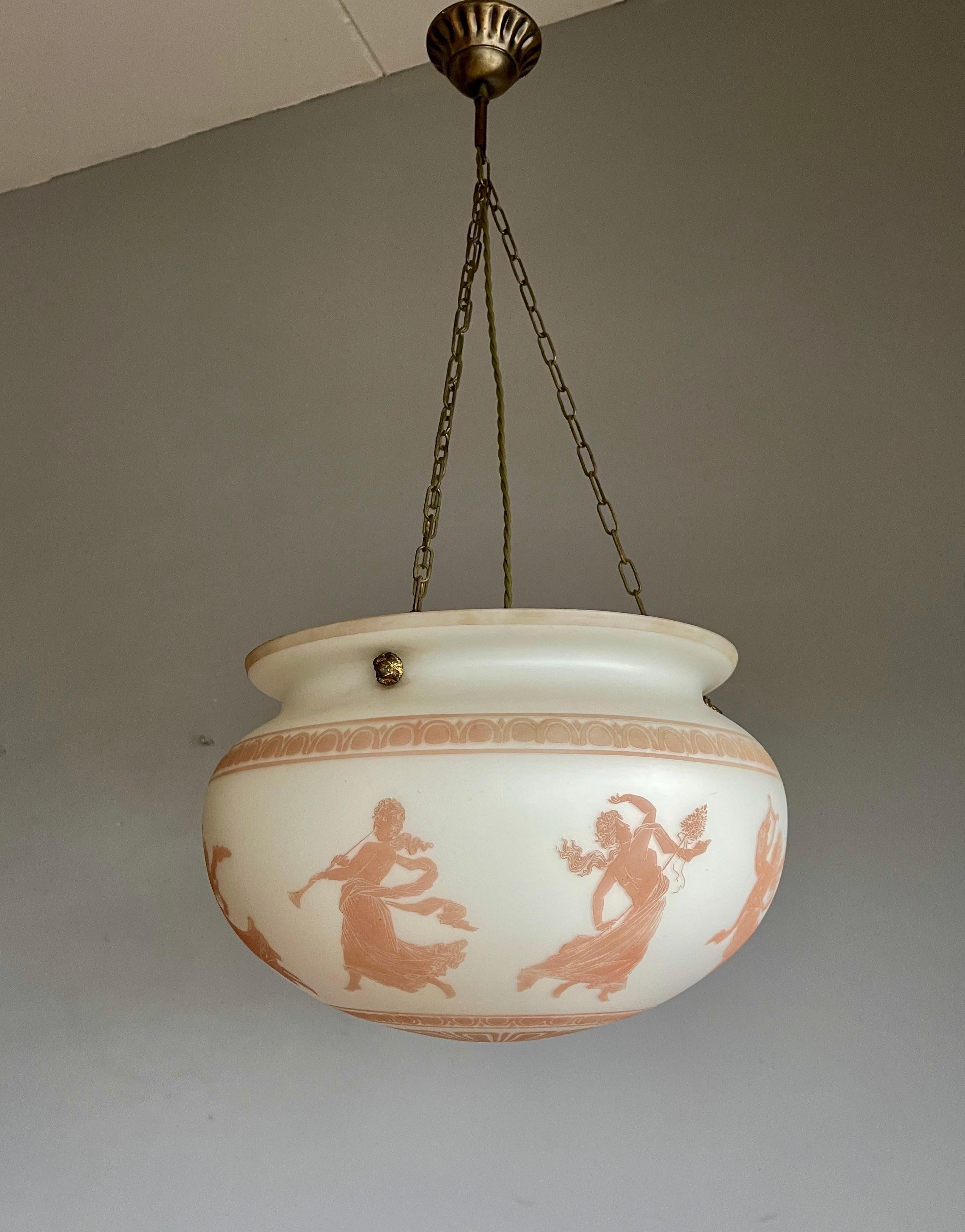 Brass Unique Large Cameo Enameled Opaline Glass Pendant Light w Dancing Nymphs Figures For Sale