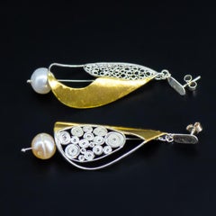 Unique Large Gold Silver & Pearl Nautical Designer Filigree Sailing Earrings
