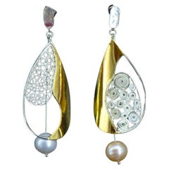 Unique Large Gold Silver & Pearl Nautical Designer Filigree Sailing Earrings