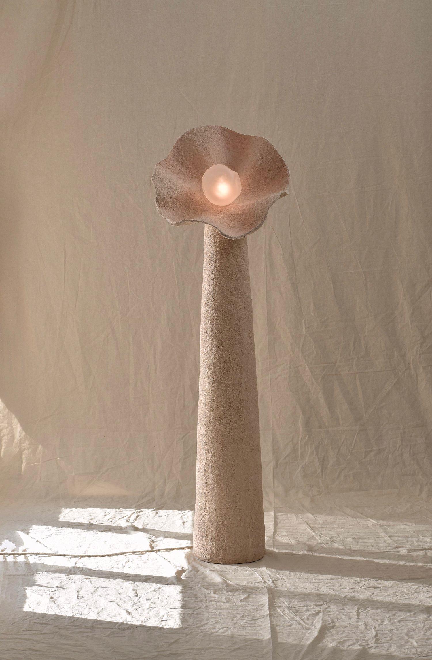 Unique, Large Hand Blown Glass and Fabric Eggshell Bloom Lamp Joanne Odisho
Dimensions:  W 45 x D 45 x H 140 (top), W 23 (bottom)
Materials: Eggshell lamp shade, Eggshell Base, Hand Blown Glass Globe cover, Linen Fabric Cord. 

LIGHTING INCLUSIONS
•