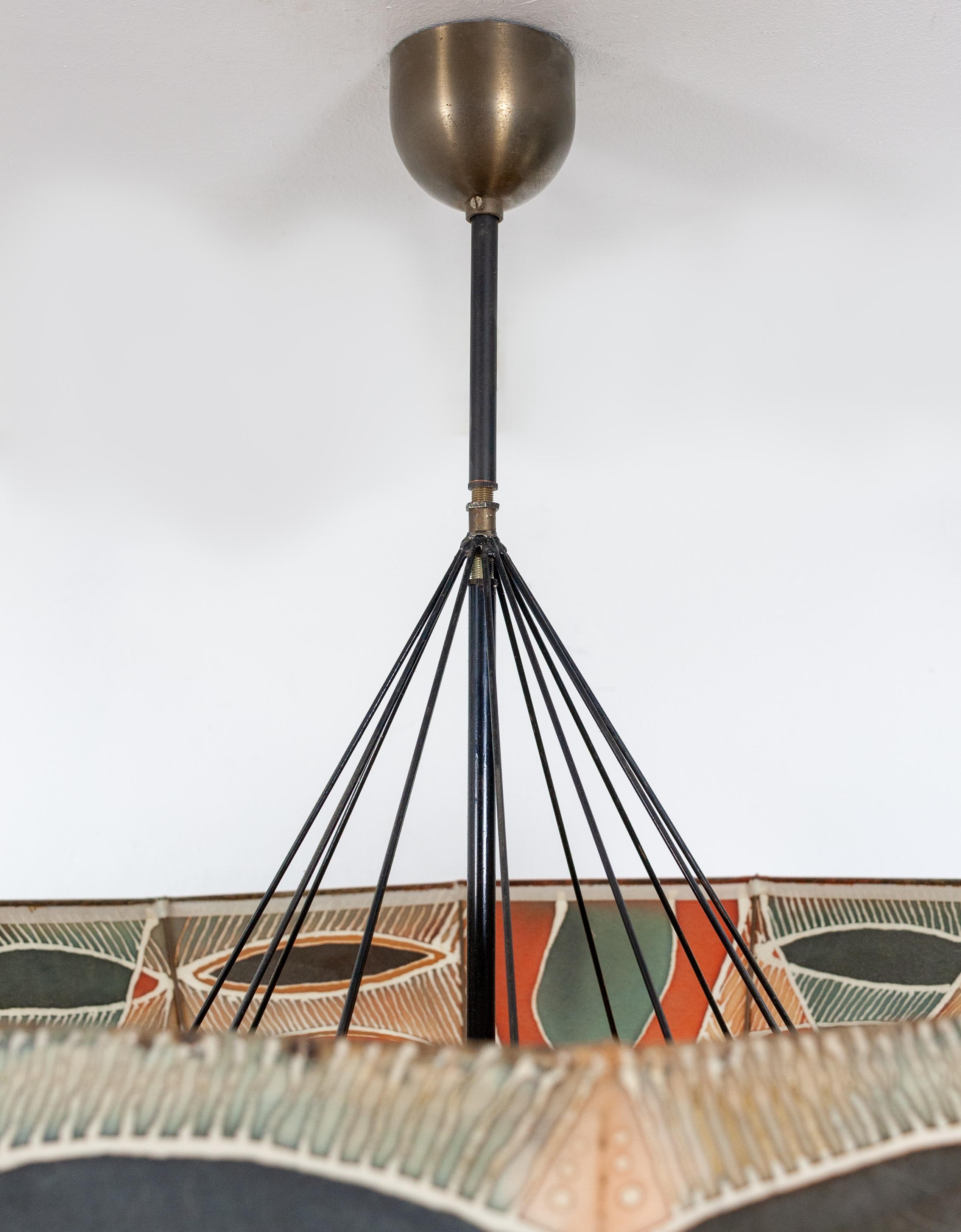 Mid-Century Modern Unique Large Handmade Batik Umbrella Lamp, 1960s