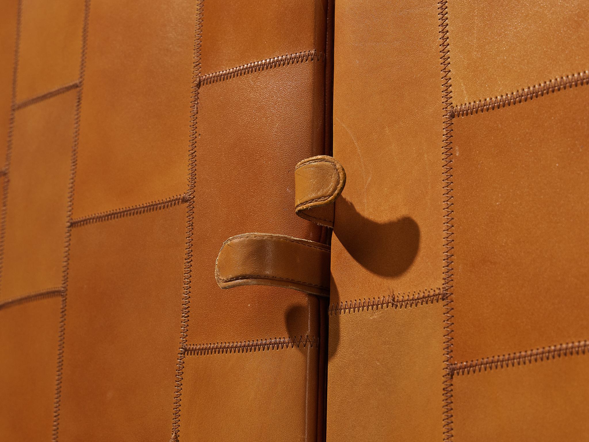 Post-Modern Unique Large Italian Highboard in Cognac Patchwork Leather and Birch 