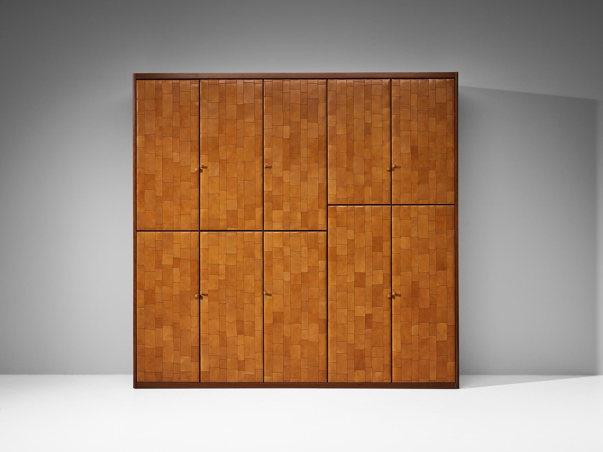 Late 20th Century Unique Large Italian Highboard in Cognac Patchwork Leather and Birch 