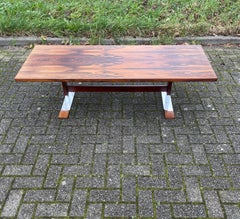 Unique Large Mid-Century Modern Wooden Coffee Table on Chrome Metal Sledge Feet