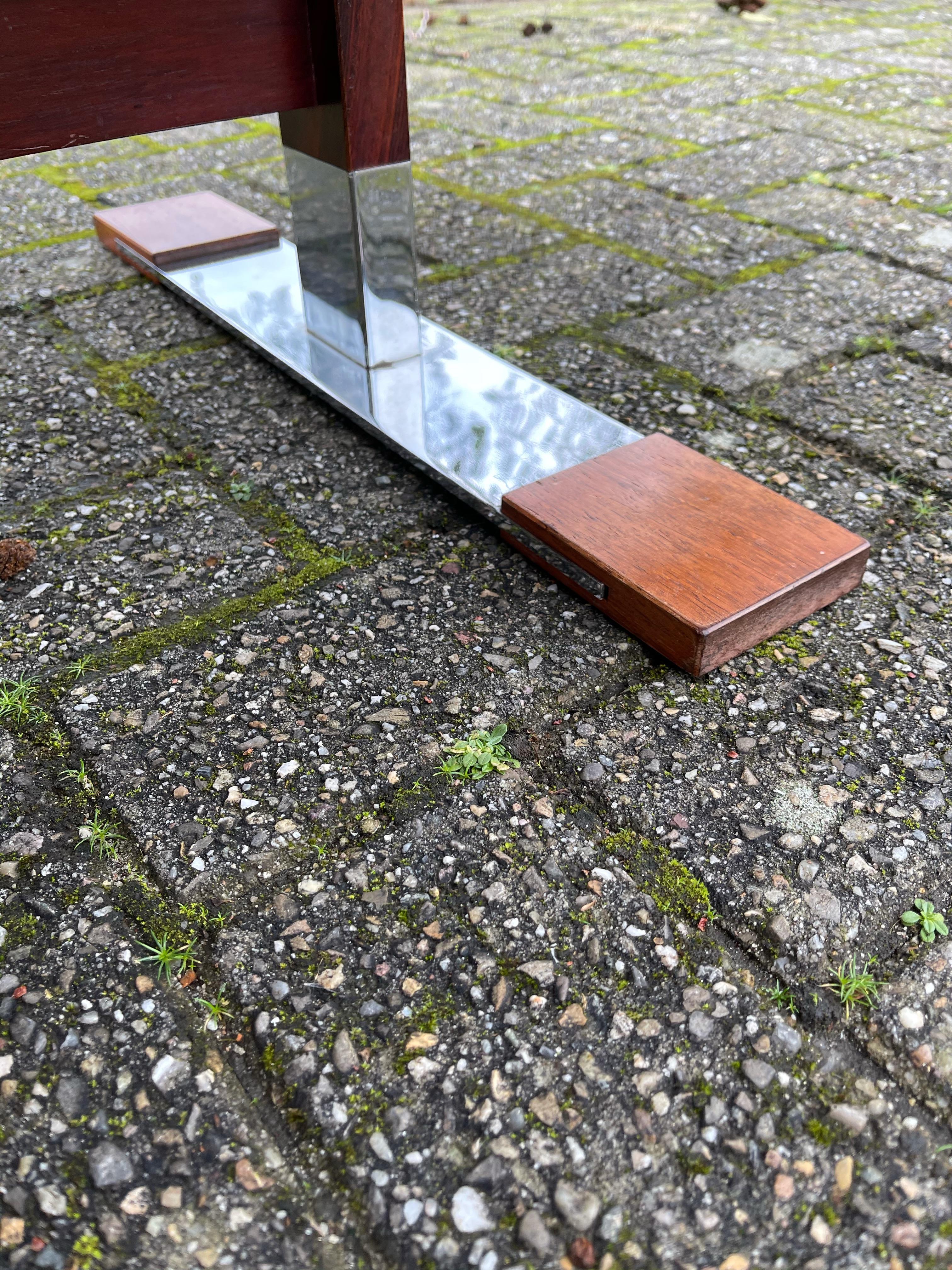 European Unique Large Mid-Century Modern Wooden Coffee Table on Chrome Metal Sledge Feet For Sale