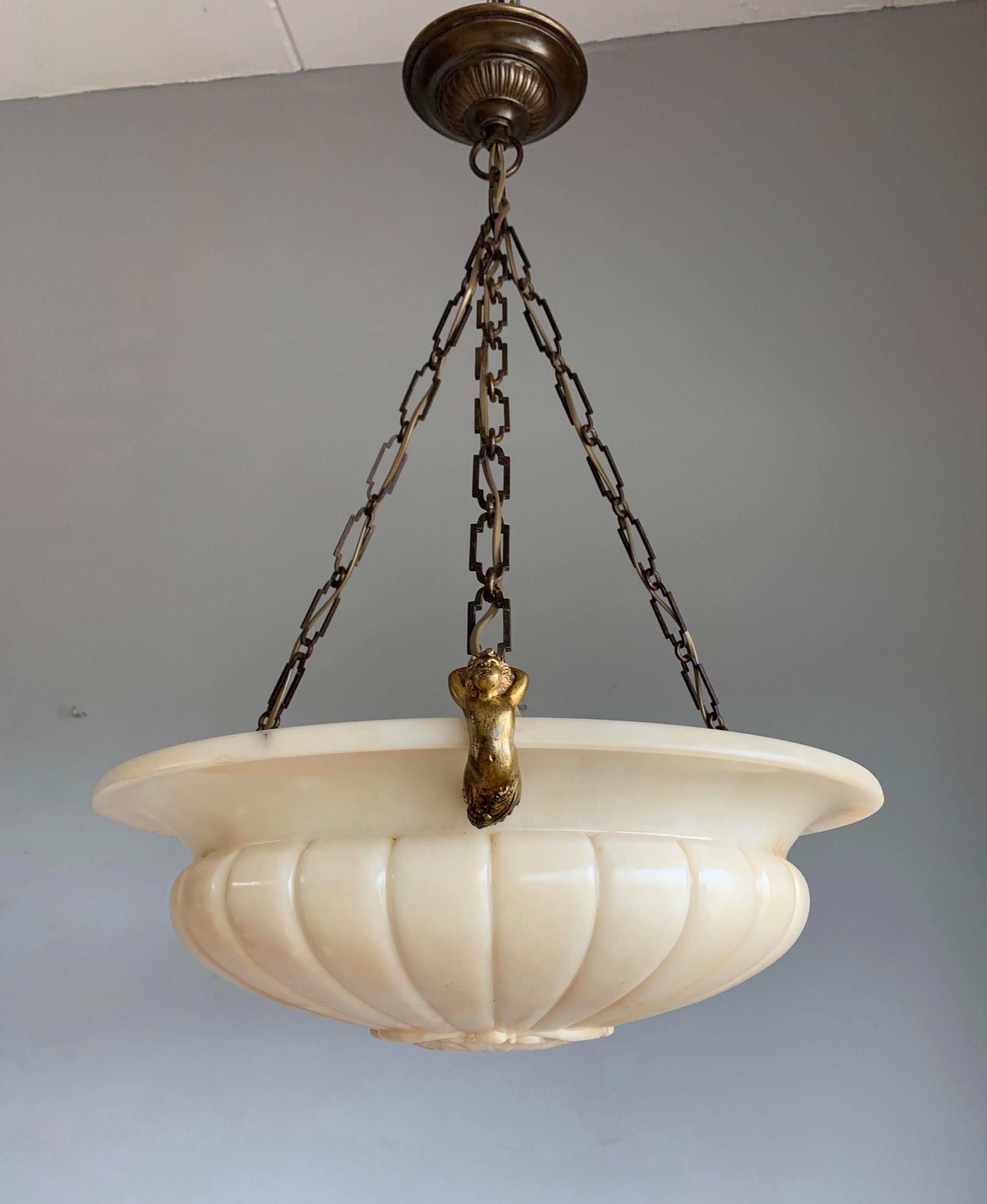 Italian Unique & Extra Large White Alabaster Chandelier with Bronze Mermaid Sculptures