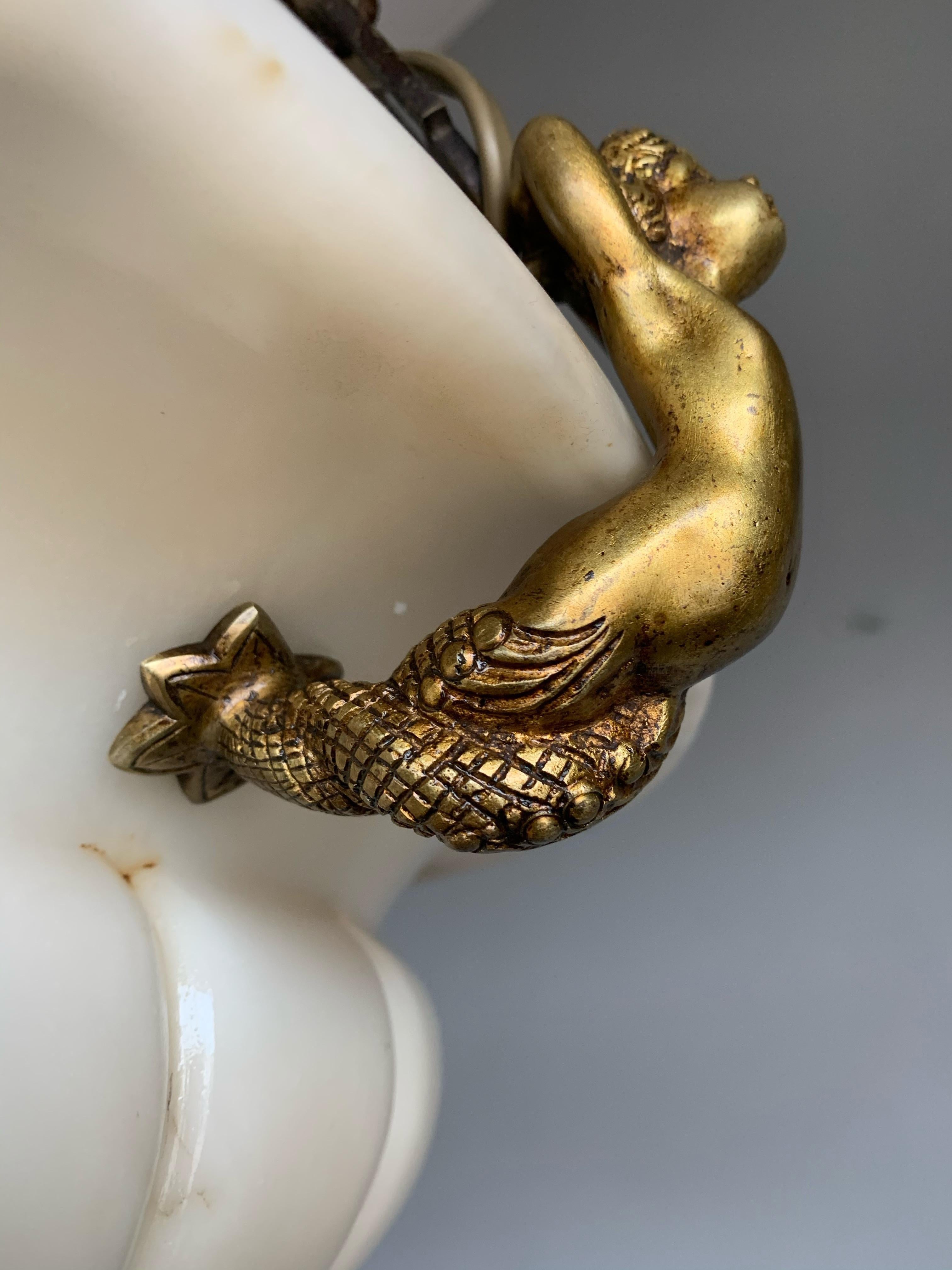 Unique & Extra Large White Alabaster Chandelier with Bronze Mermaid Sculptures In Good Condition In Lisse, NL