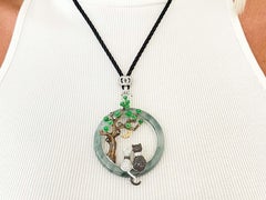 Unique Large Round Jade and Diamond Cat Lovers Pendant in 18k White Gold