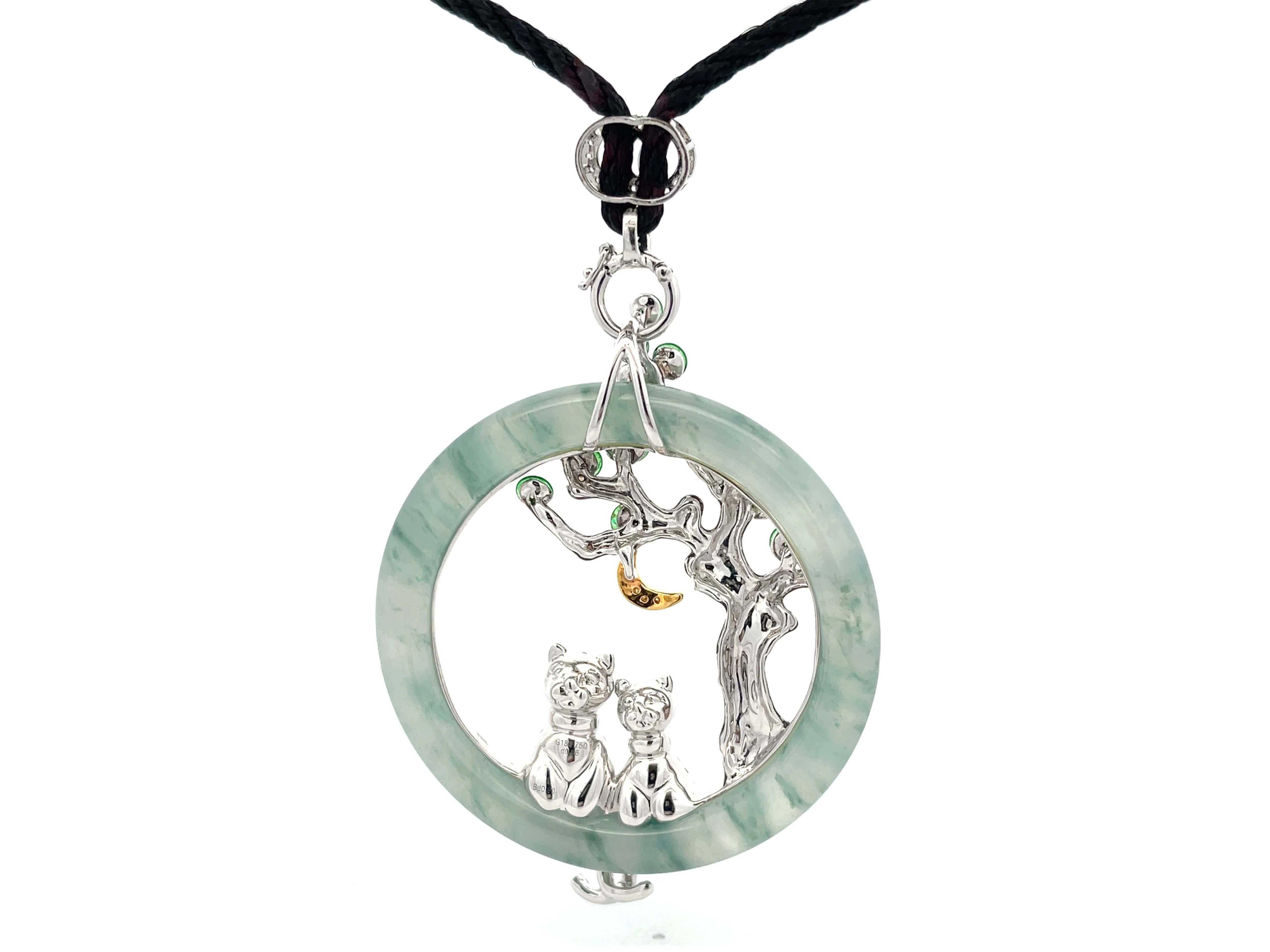 Unique Large Round Jade and Diamond Cat Lovers Pendant in 18k White Gold For Sale 2