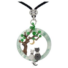 Vintage Unique Large Round Jade and Diamond Cat Lovers Pendant in 18k White Gold