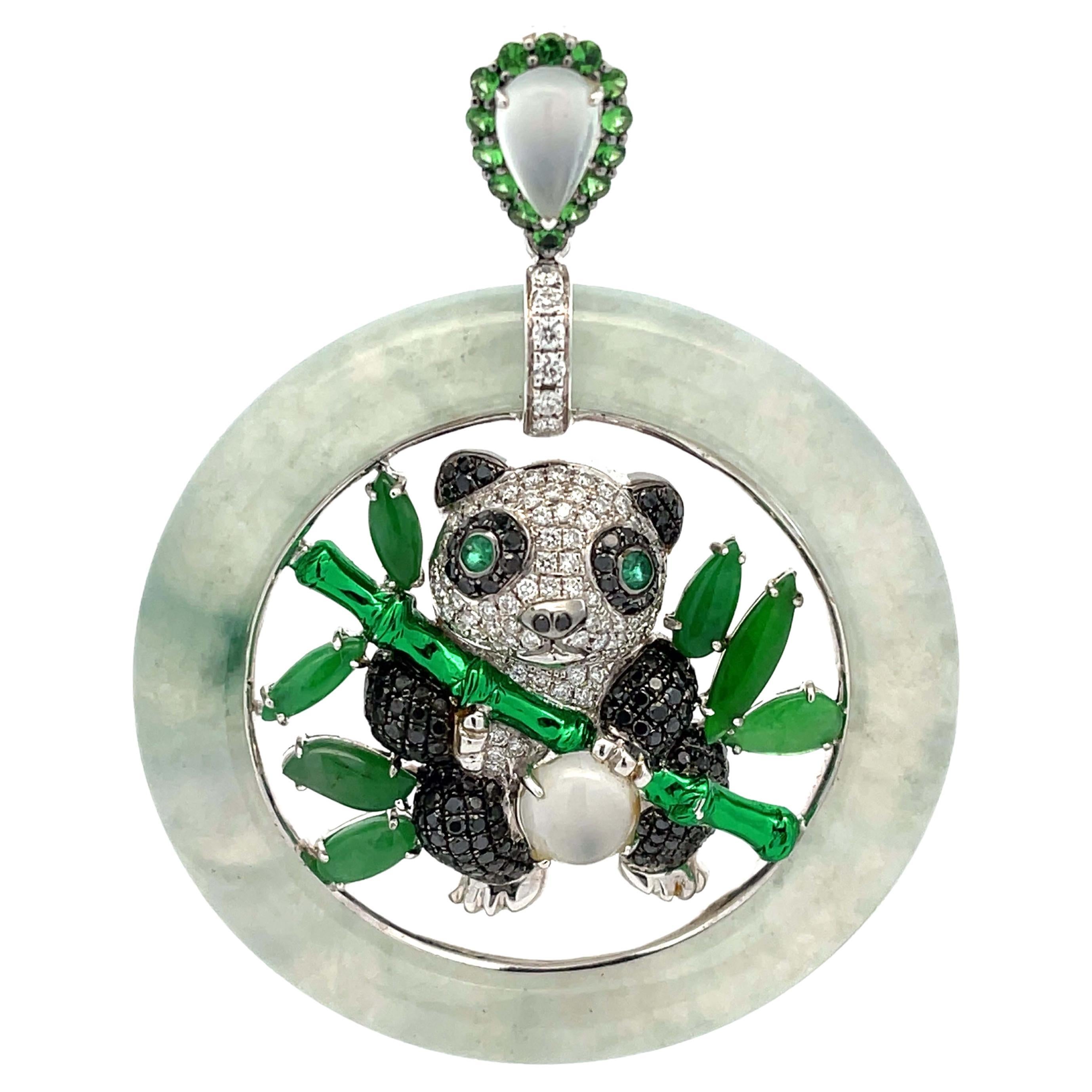 Unique Large Round Jade, Diamond, Emerald & Moonstone Panda Pendant in 18k Gold For Sale