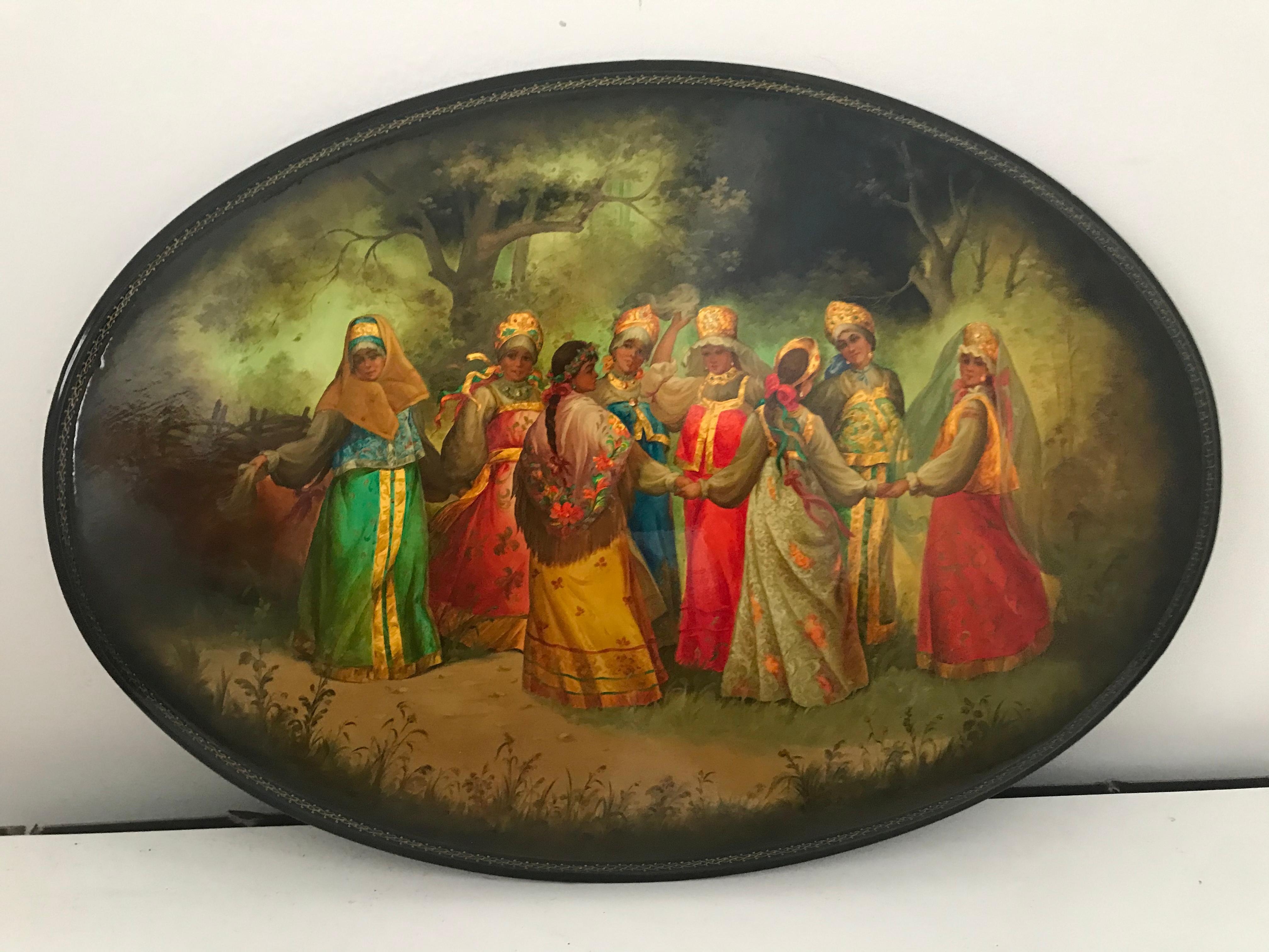 Large Russian lacquer plaque, signed Davidov. Painted on gold leaf. with .Unique , rare and beautiful.