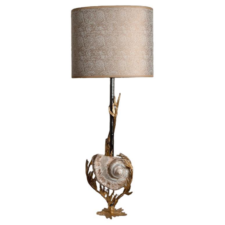 Unique Large Shell Table Lamp with Brass Details For Sale