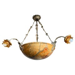 Unique & Large Size Antique Alabaster Chandelier / Pendant Light Grotesque Masques