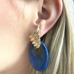 Unique Large Statement Lapis Earrings 14K Yellow Gold
