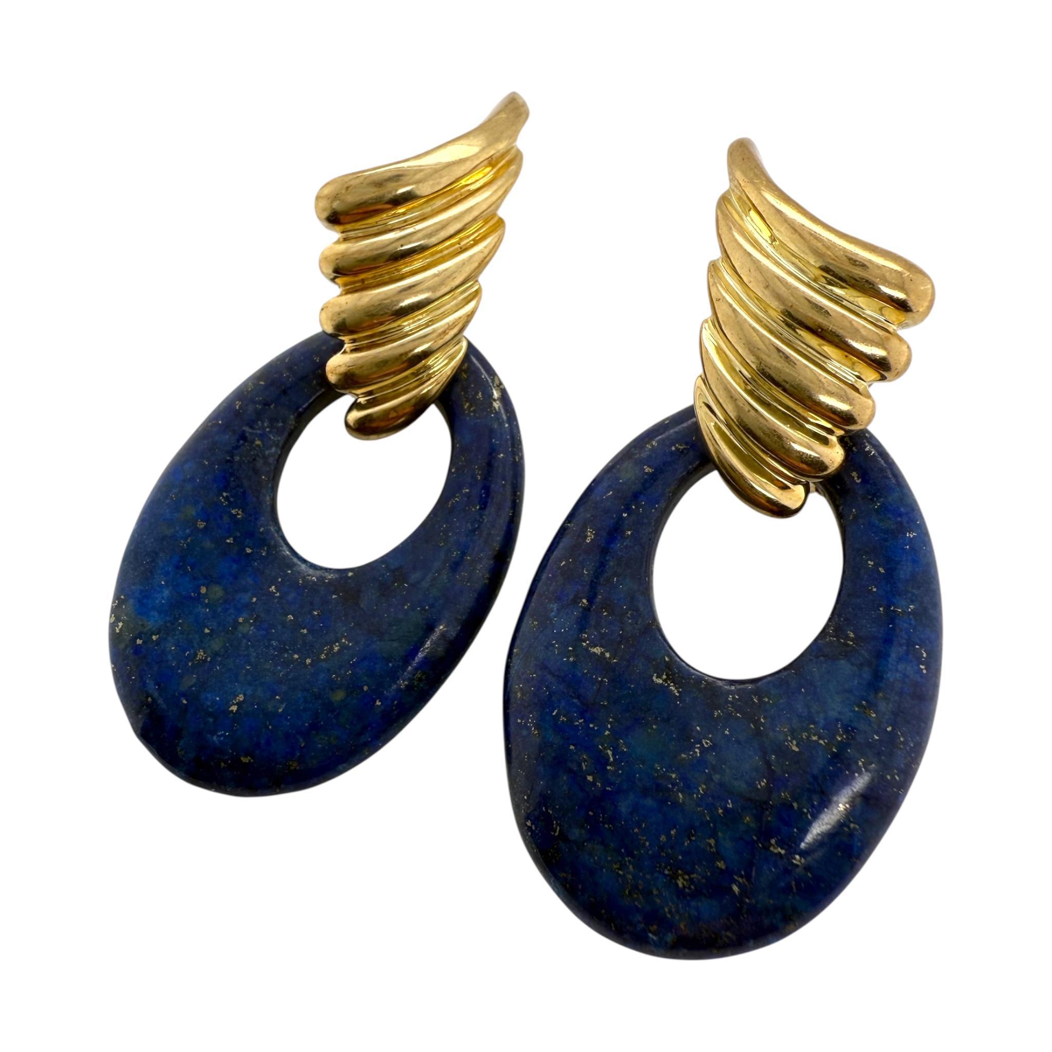 Grandes boucles d'oreilles uniques en Lapis, or jaune 14K Excellent état - En vente à Montgomery, AL