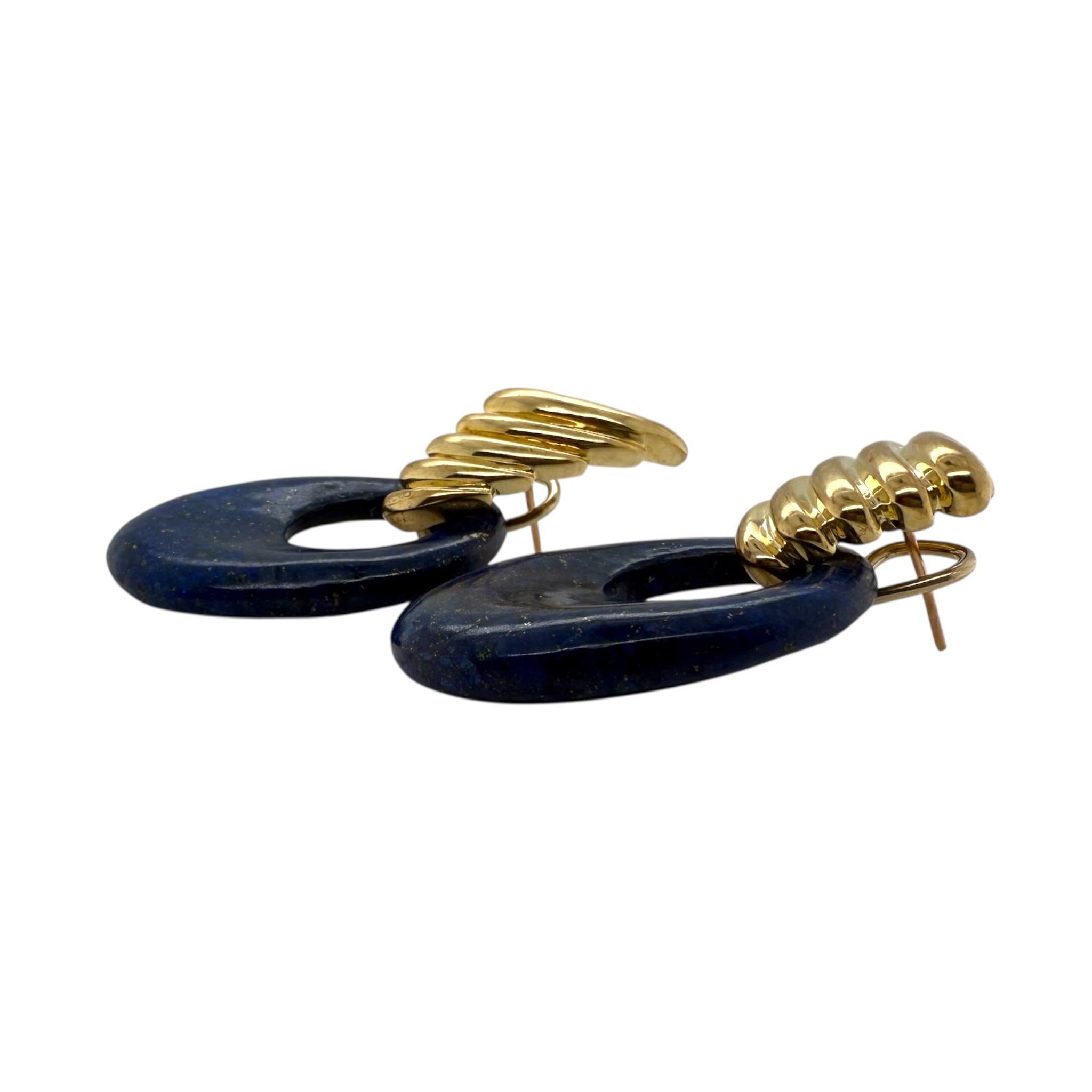 Grandes boucles d'oreilles uniques en Lapis, or jaune 14K Pour femmes en vente