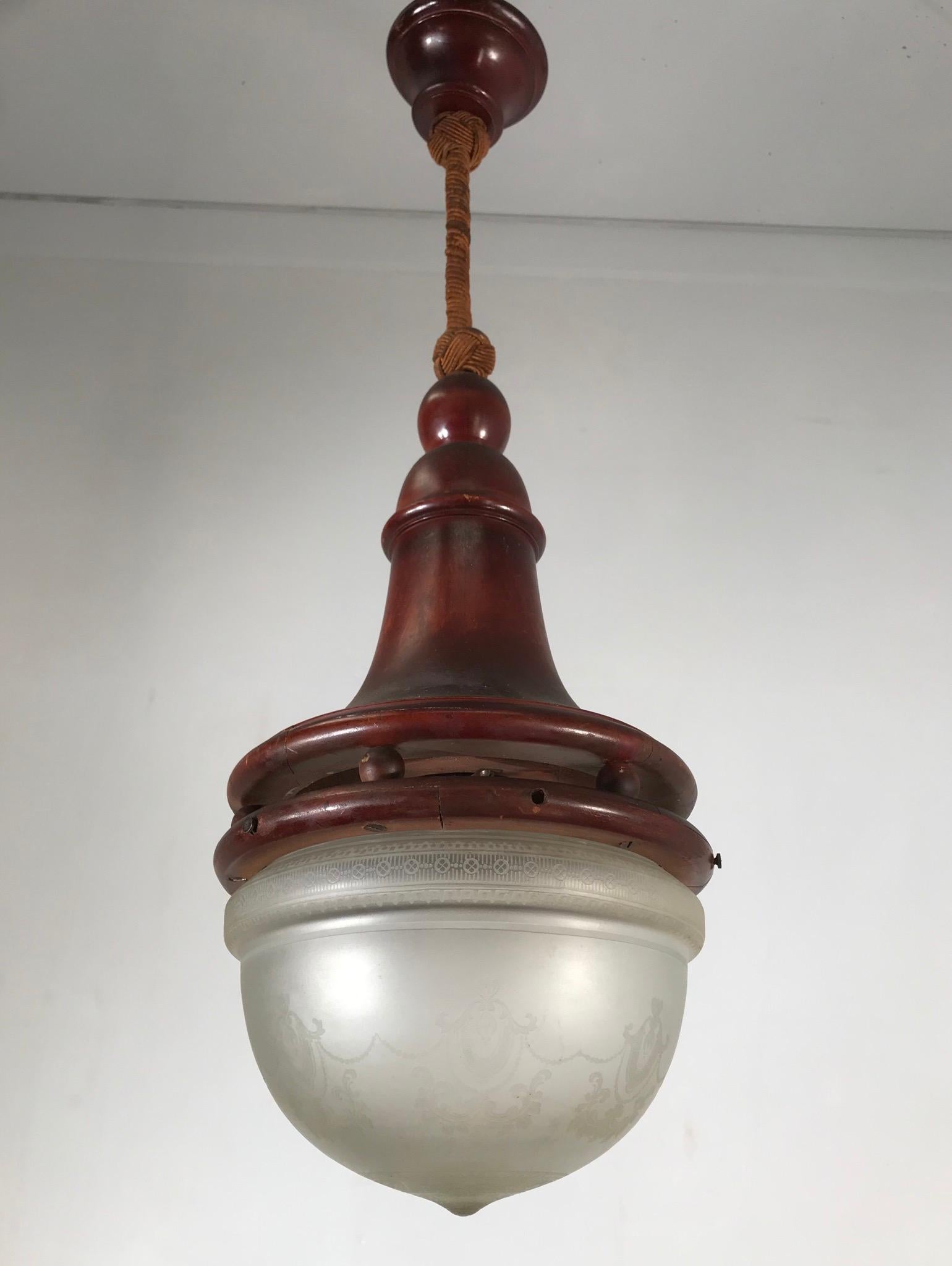 Unique Late 19th Century Bentwood & Glass Thonet Style Pendant Light / Fixture 4