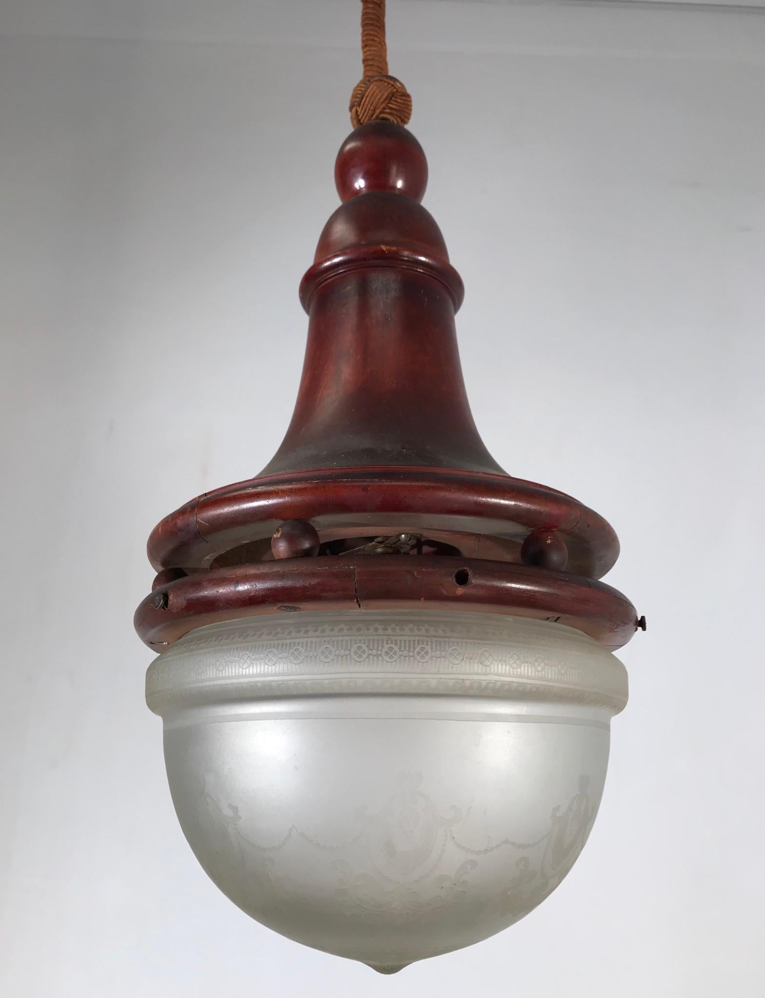 Unique Late 19th Century Bentwood & Glass Thonet Style Pendant Light / Fixture 11
