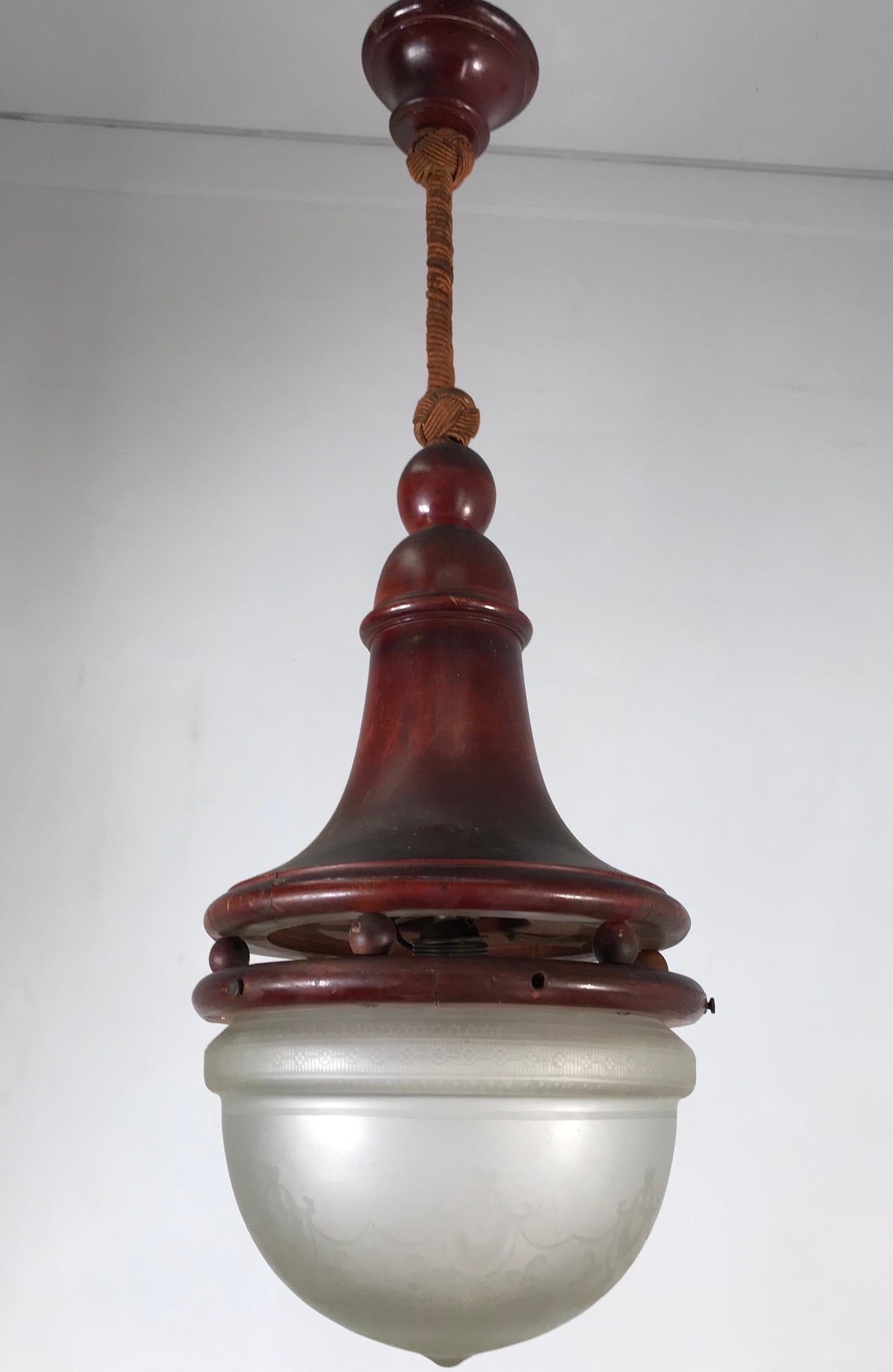 Vienna Secession Unique Late 19th Century Bentwood & Glass Thonet Style Pendant Light / Fixture