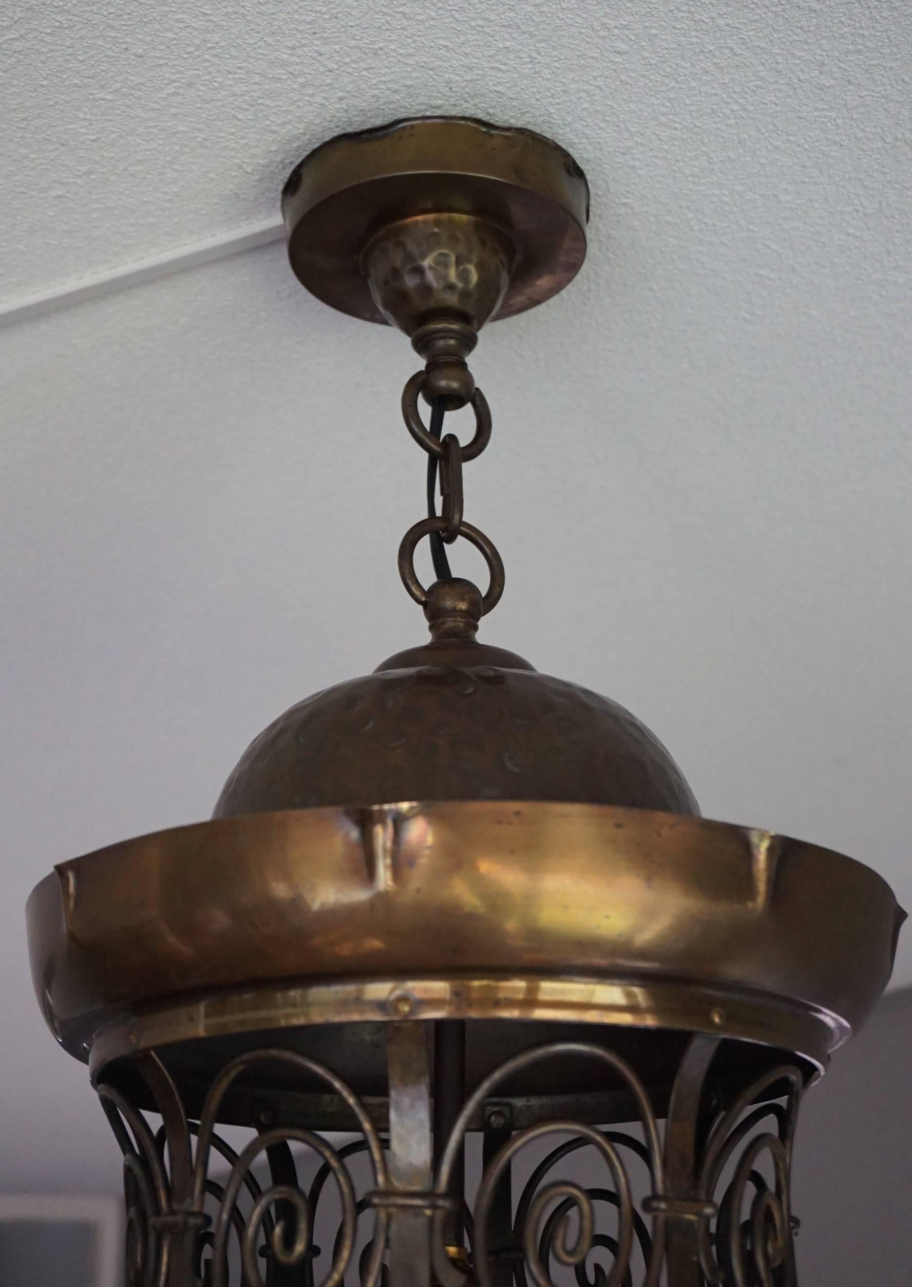 Arts and Crafts Unique Late 19th Century Brass and Glass Arts & Crafts Pendant / Light Fixture