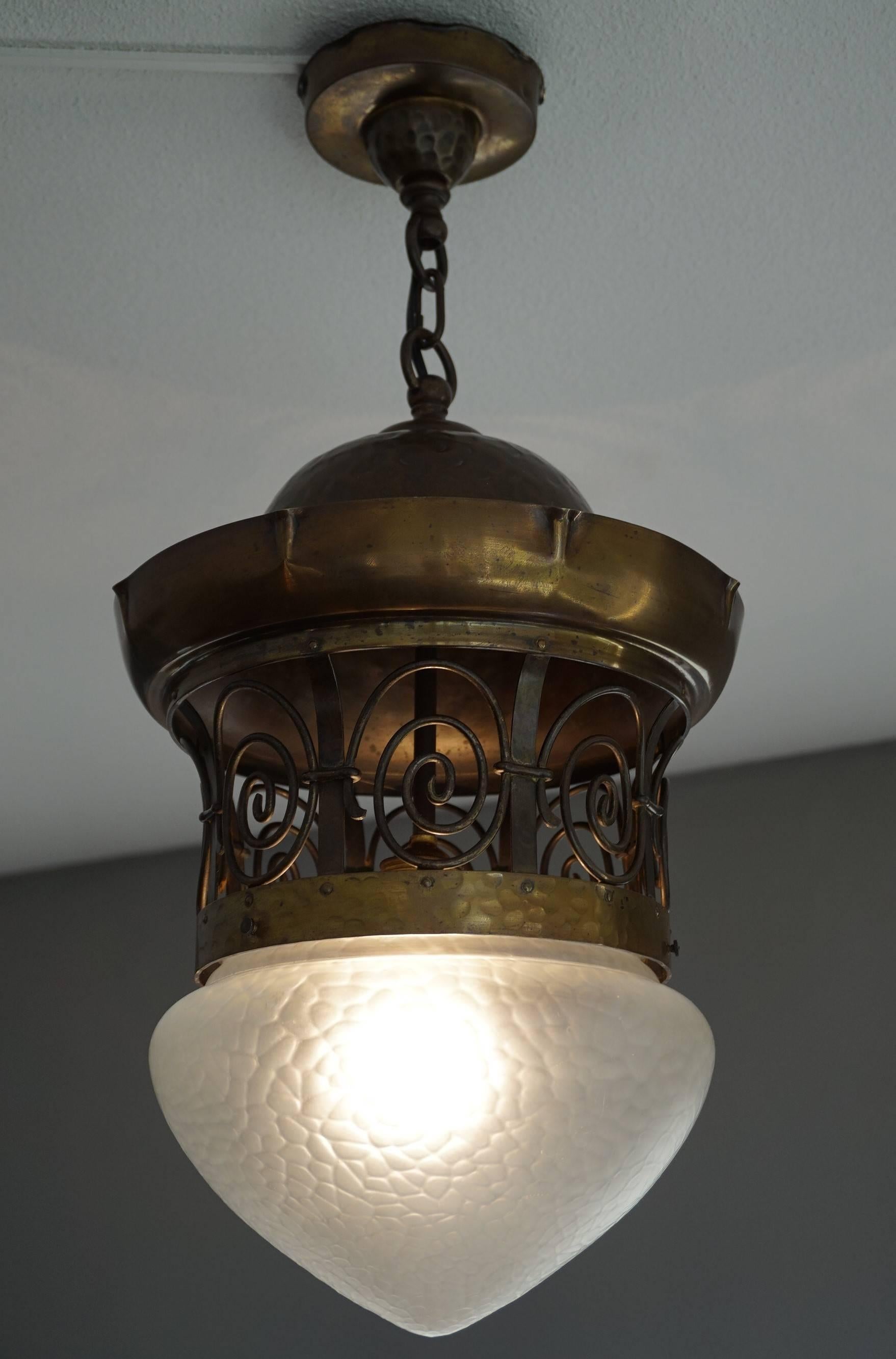 Unique Late 19th Century Brass and Glass Arts & Crafts Pendant / Light Fixture 2
