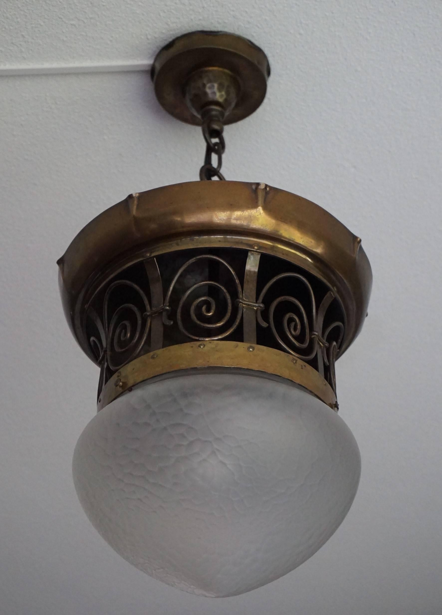 Unique Late 19th Century Brass and Glass Arts & Crafts Pendant / Light Fixture 3