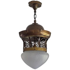 Antique Unique Late 19th Century Brass and Glass Arts & Crafts Pendant / Light Fixture
