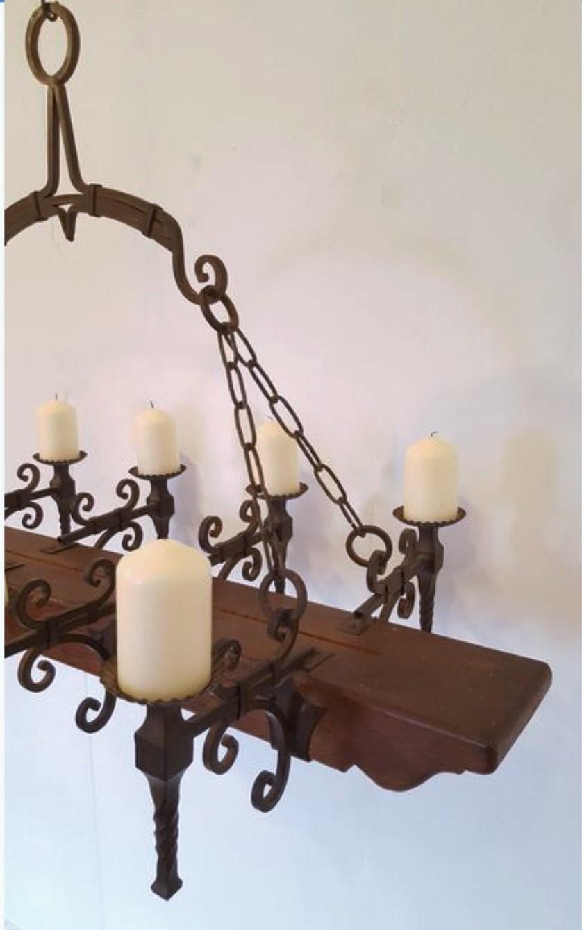 Spanish Handcrafted Forged Wrought Iron Oak Castle Chandelier, Mid-19th Century  For Sale 4