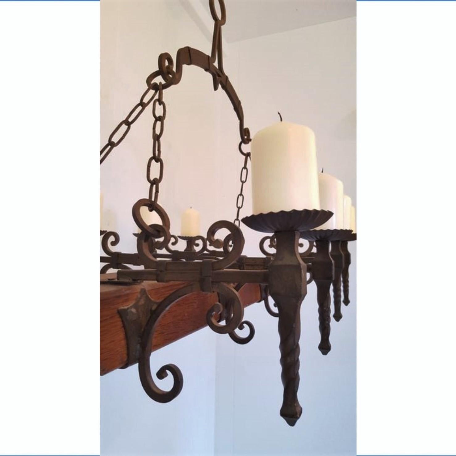 Spanish Handcrafted Forged Wrought Iron Oak Castle Chandelier, Mid-19th Century  For Sale 6